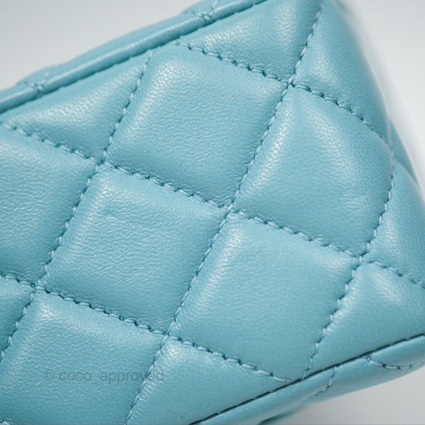 Chanel Flap Bag with Crystal Logo Top Handle Tiffany Blue Lambskin Aged Gold Hardware