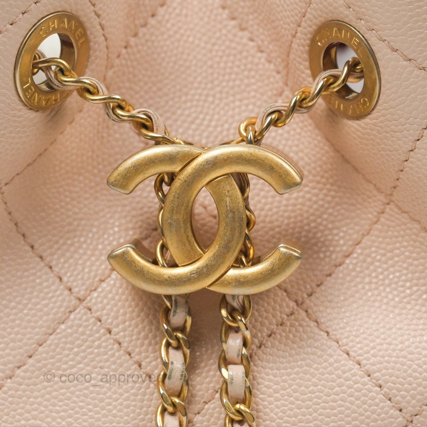 Chanel Quilted Top Handle Drawstring Bucket Bag Pink Caviar Aged Gold Hardware