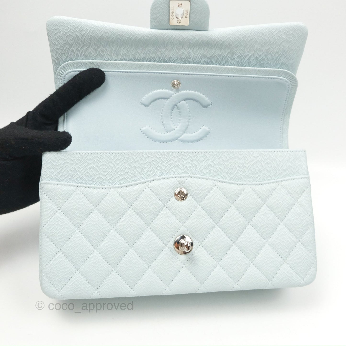 Chanel Medium Classic Flap Quilted Pale Blue Caviar Silver Hardware
