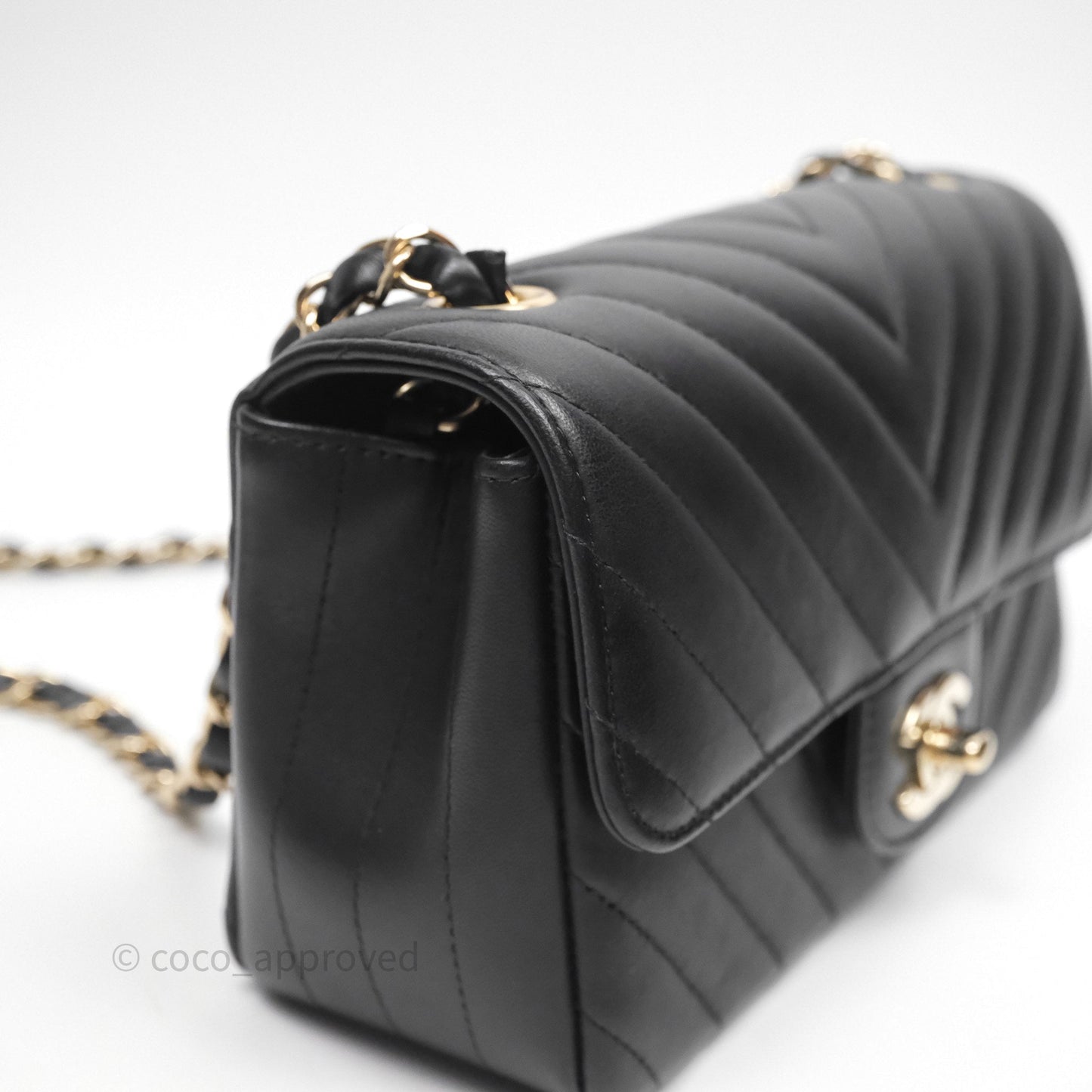Chanel Quilted Mini Rectangular Chevron Black Lambskin Gold Hardware