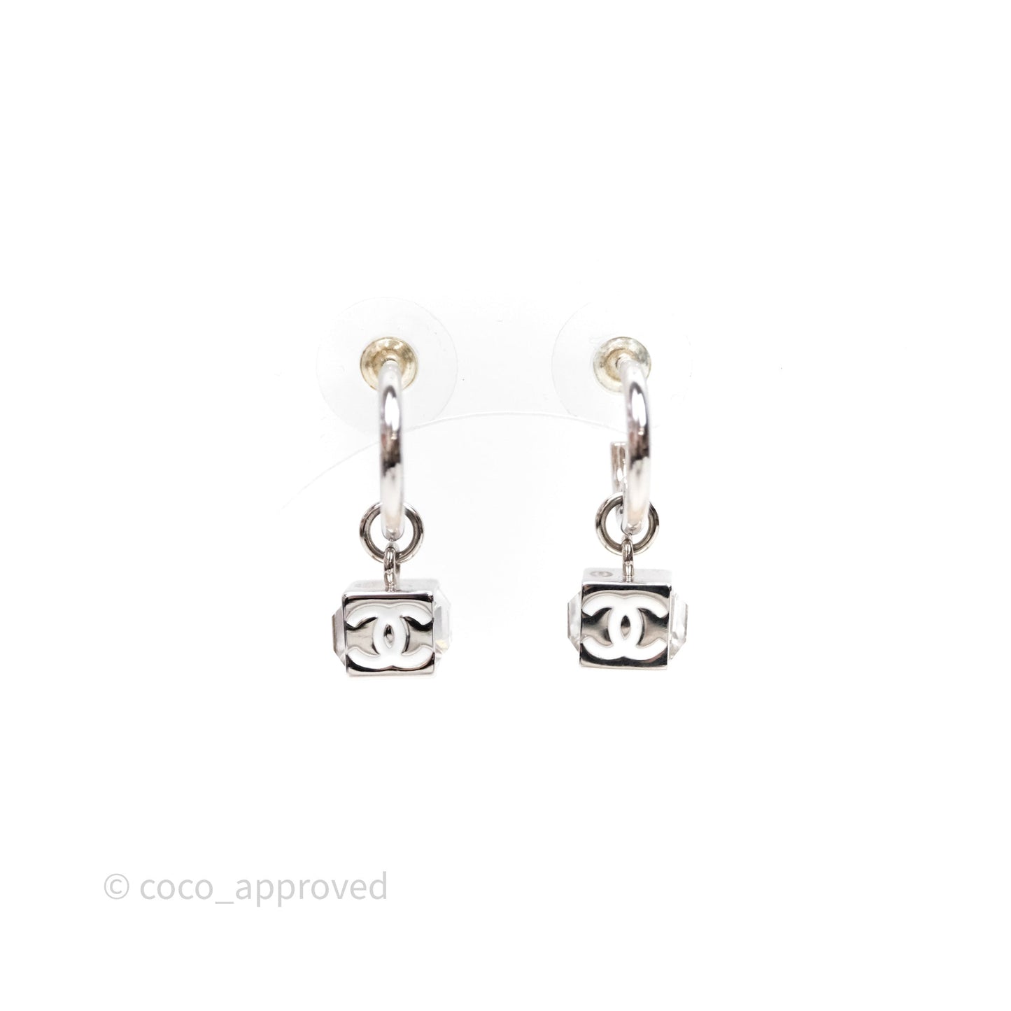 Chanel CC Crystal Square Drop Earrings Silver Tone 25C