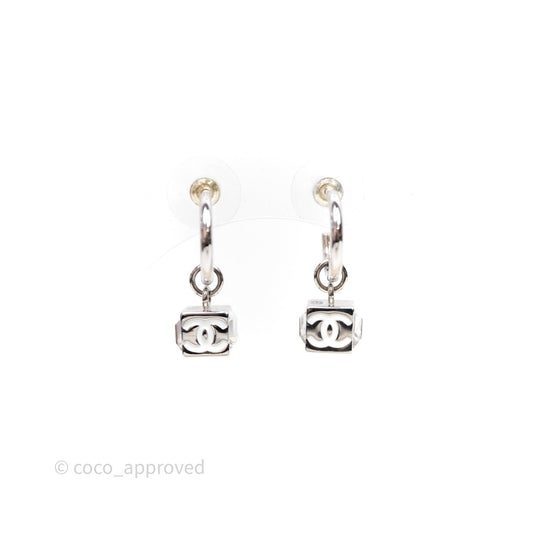 Chanel CC Crystal Square Drop Earrings Silver Tone 25C