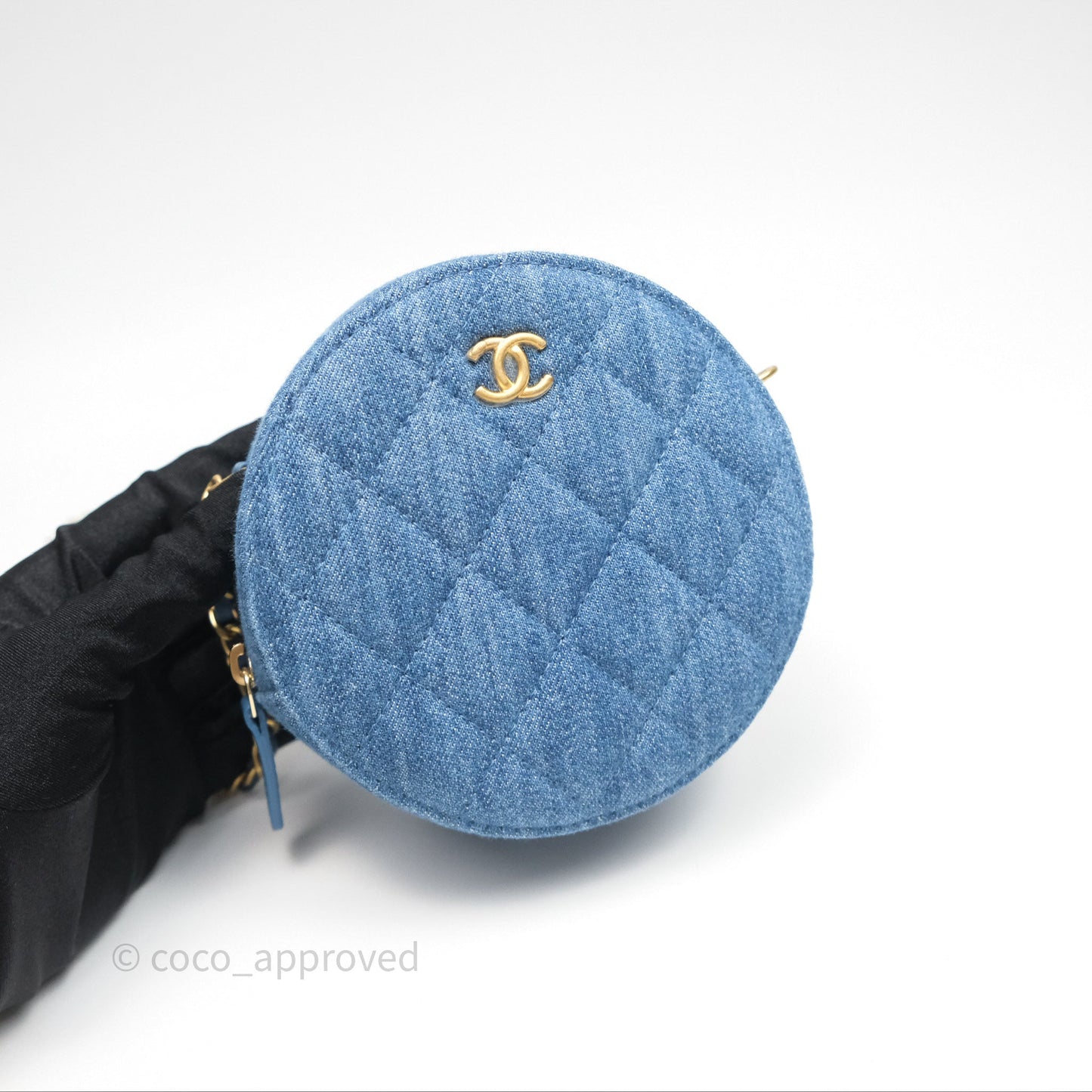 Chanel Quilted Pearl Crush Round Clutch With Chain Denim Aged Gold Hardware