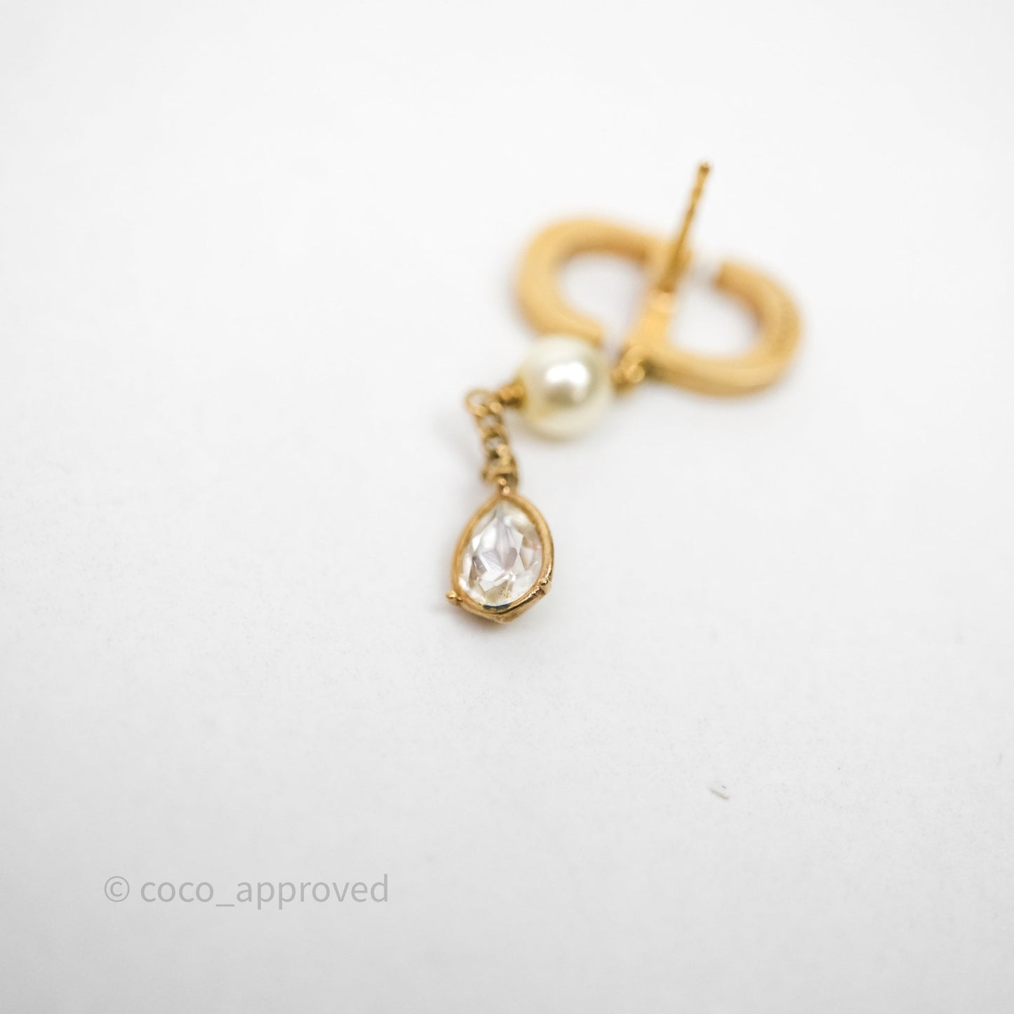 Christian Dior Pearl Crystal CD Drop Earrings Gold Tone