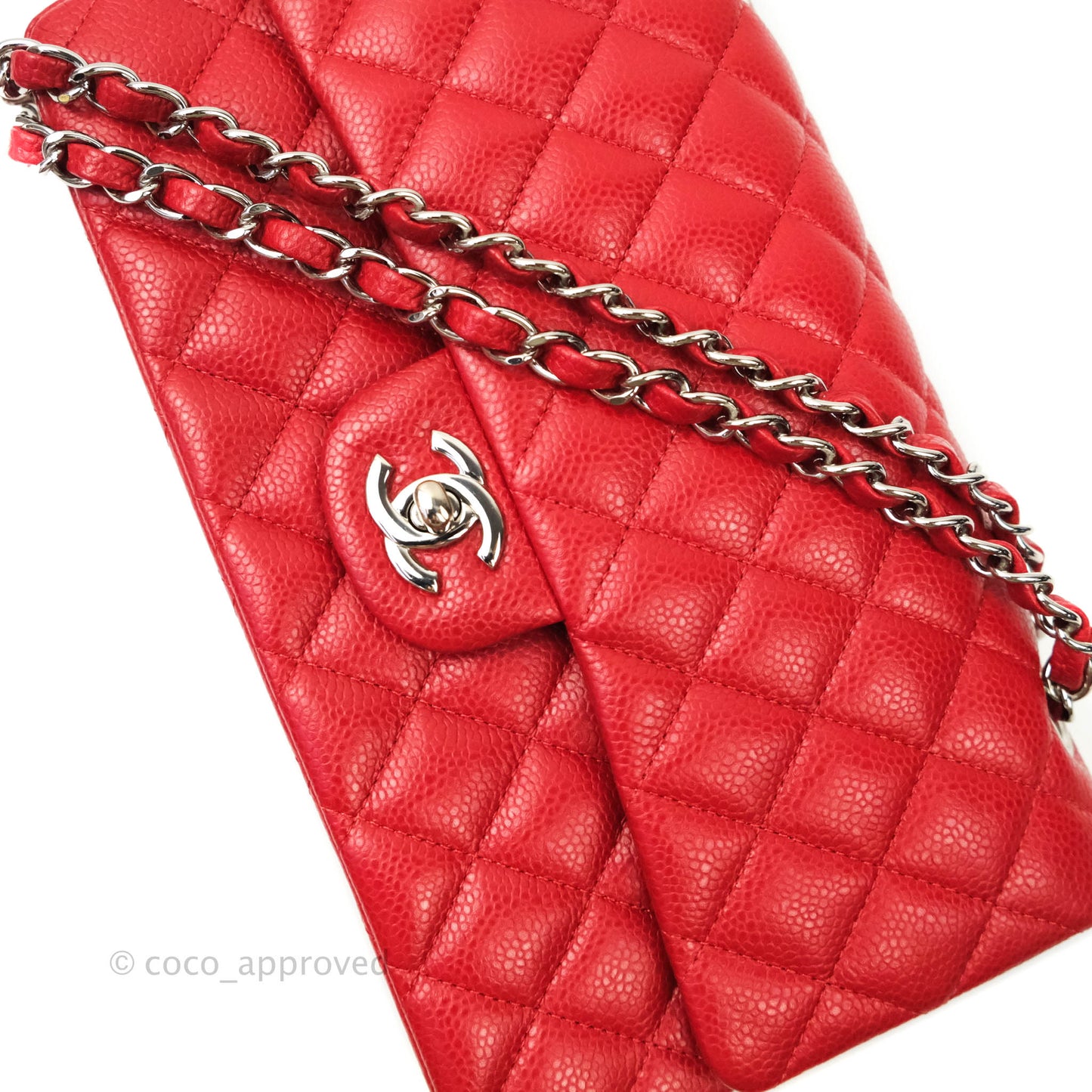 Chanel Classic M/L Medium Double Flap Red Caviar Silver Hardware