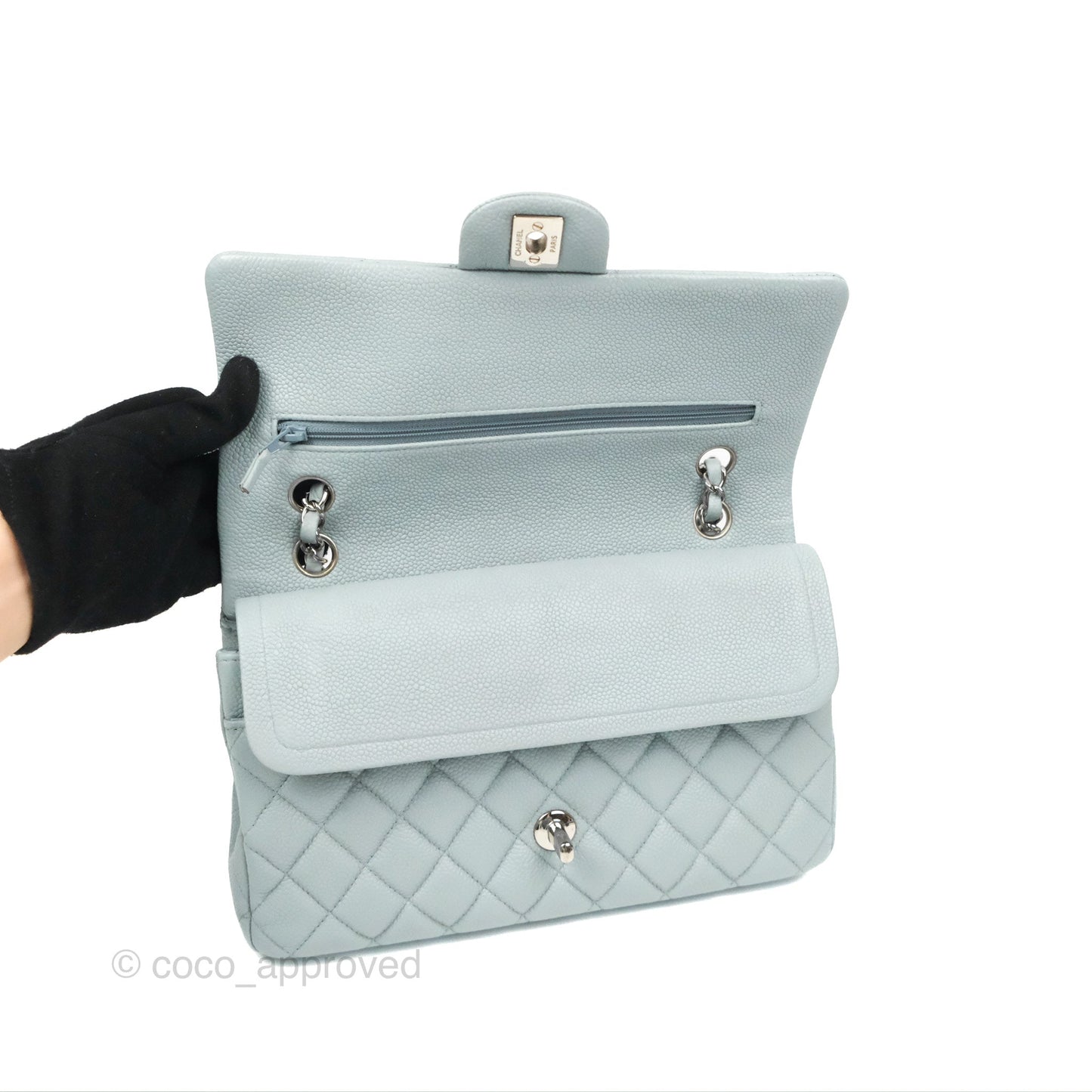 Chanel Classic M/L Medium Flap Quilted Light Grey Blue Caviar Silver Hardware