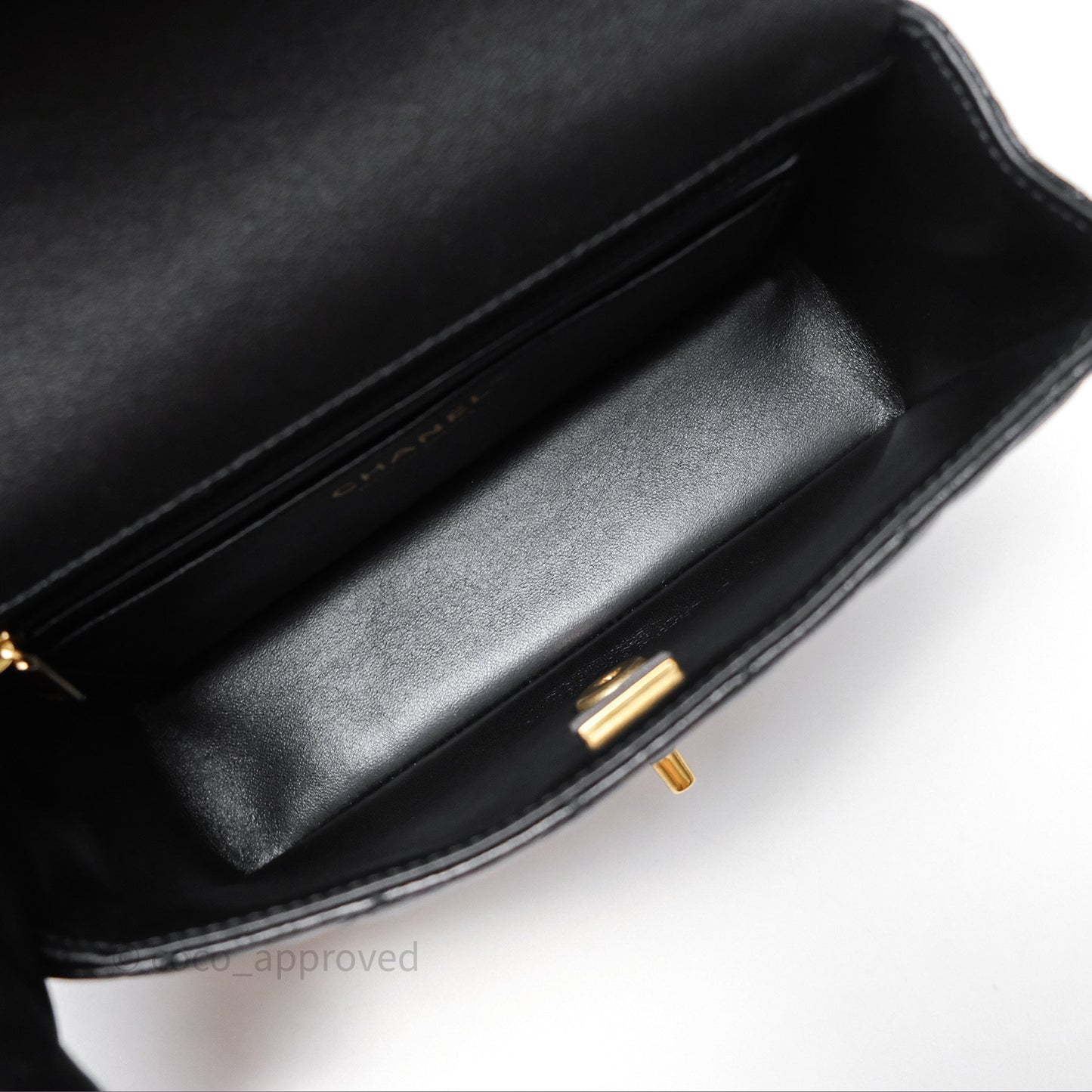 Chanel Flap Bag with Crystal Logo Top Handle Black Lambskin Aged Gold Hardware
