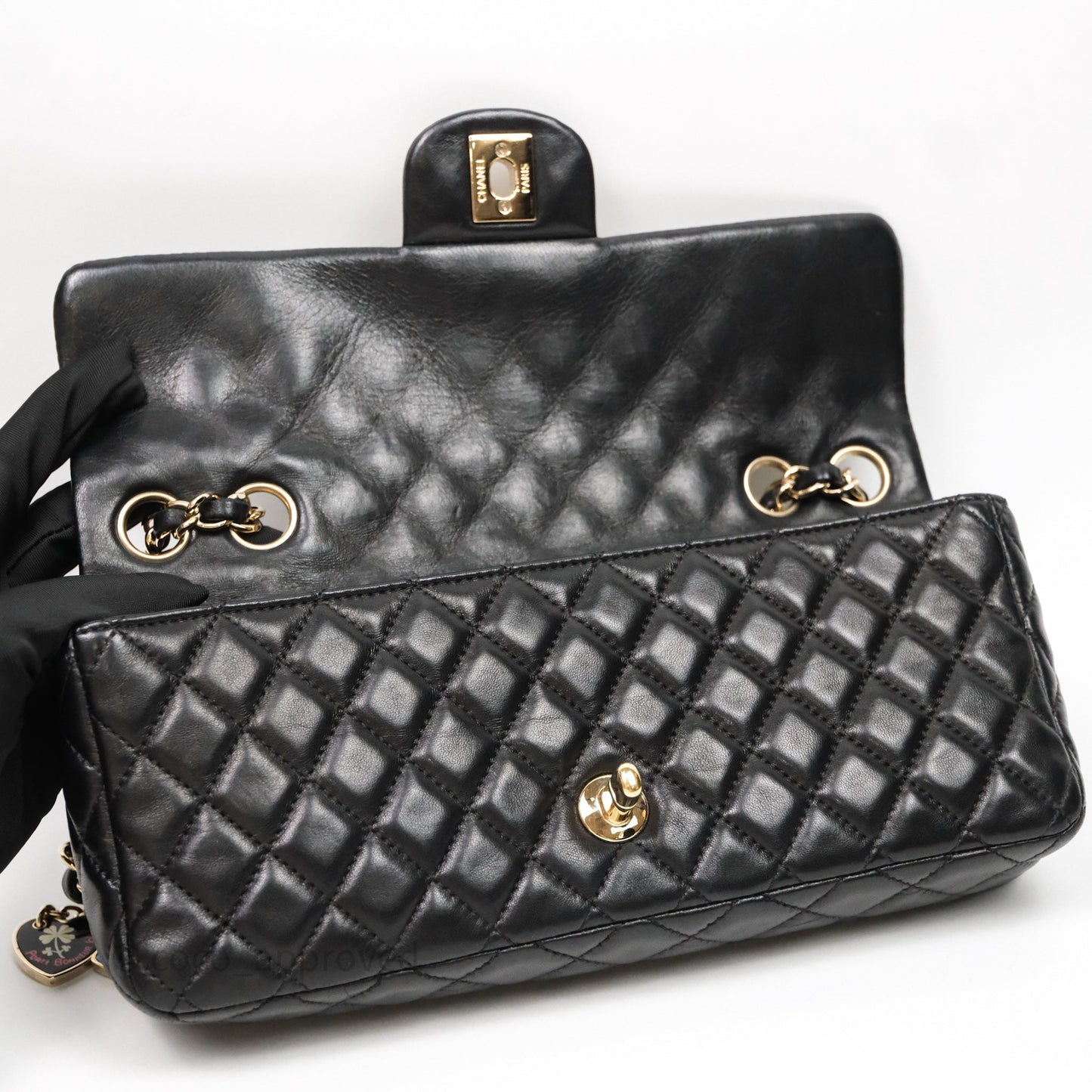 Chanel Quilted East West With Charm Flap Bag Lambskin Black Gold Hardware