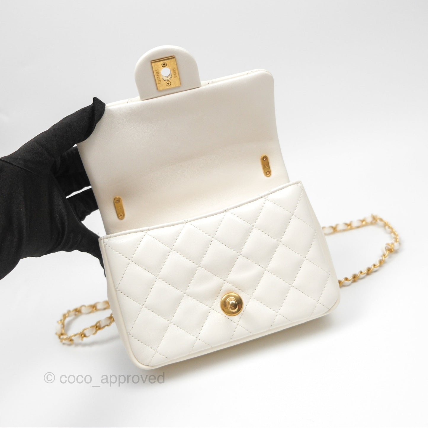 Chanel Pearl Chain Mini Flap Bag White Lambskin Aged Gold Hardware 24P