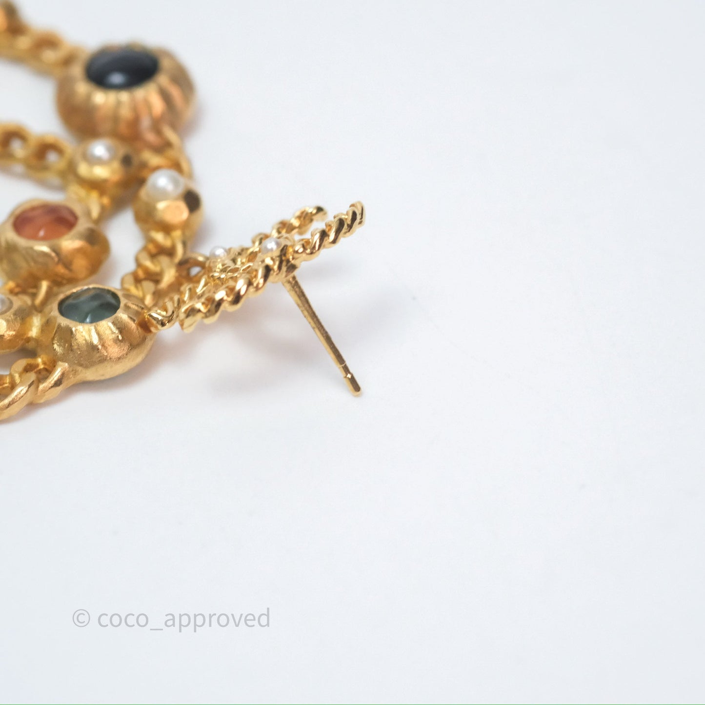 Chanel CC Pearl Stone Circle No.5 Earrings Aged Gold Tone 18K