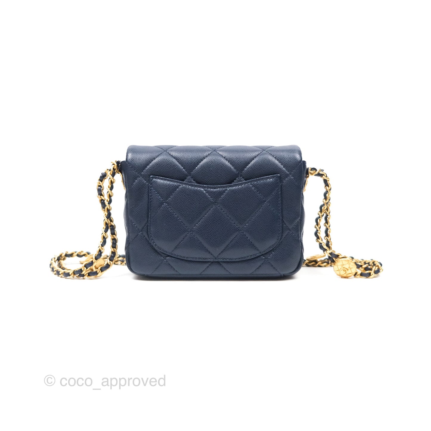 Chanel Mini Flap with Coin Charm Navy Caviar Aged Gold Hardware 22A