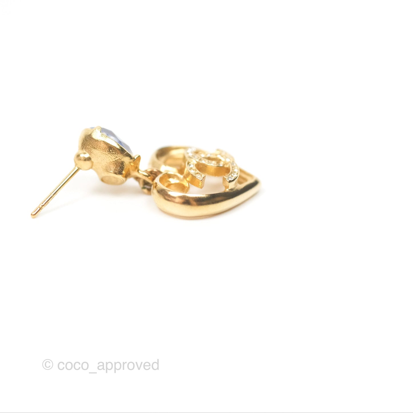 Chanel Oval Blue Resin Heart CC Drop Earrings Gold Tone 23C