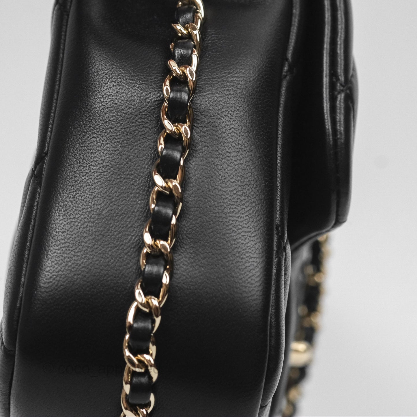 Chanel Logo Pearl Chain Flap Bag Black Lambskin Gold Hardware
