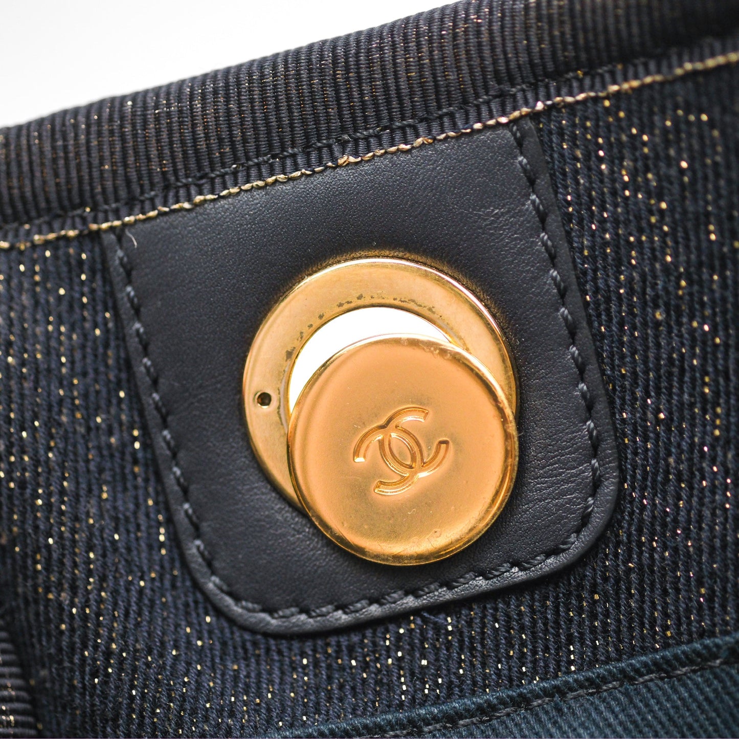 Chanel Medium Deauville Tote Navy Glitter Canvas Gold Hardware