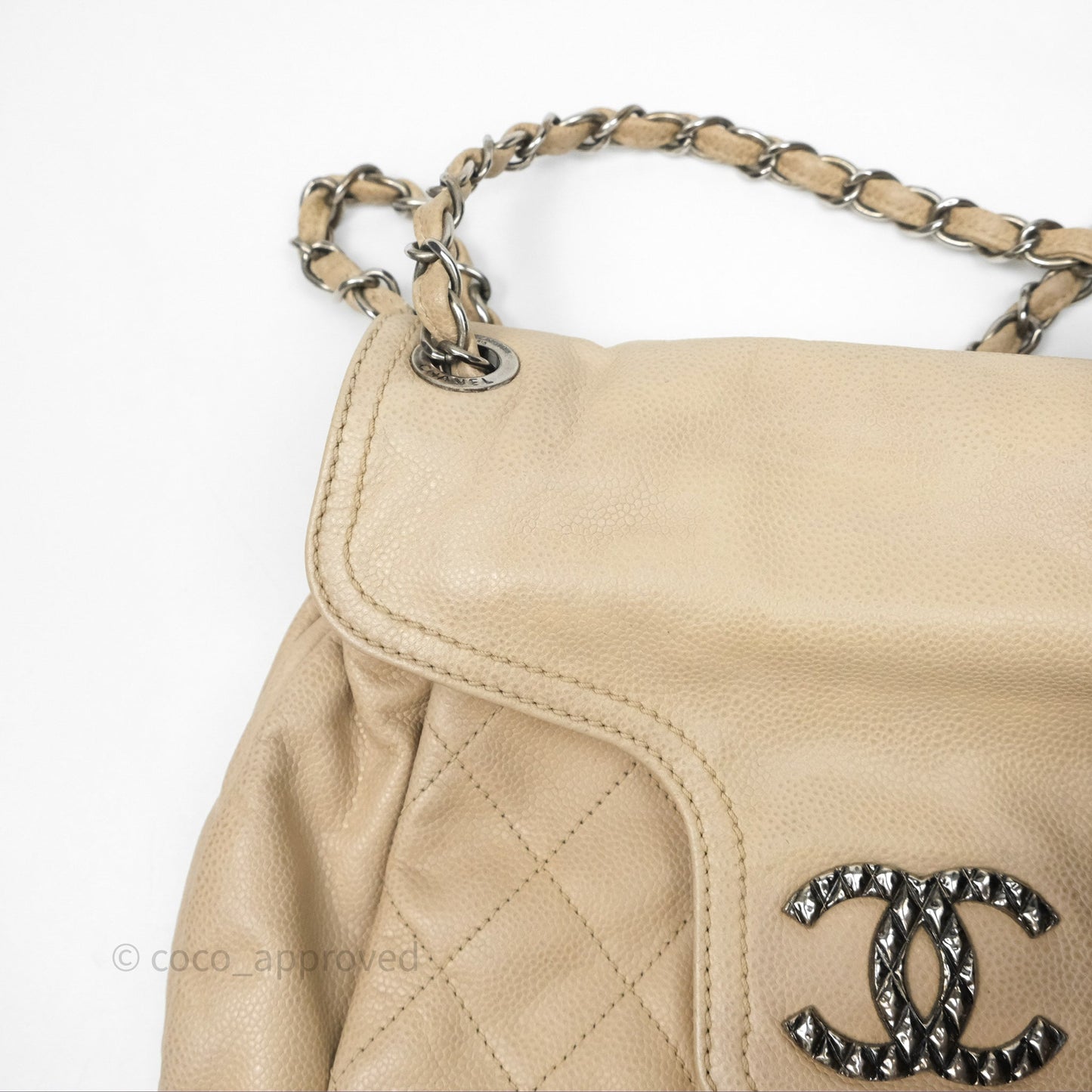 Chanel Quilted Coco Rider Hobo Bag Beige Caviar Ruthenium Hardware