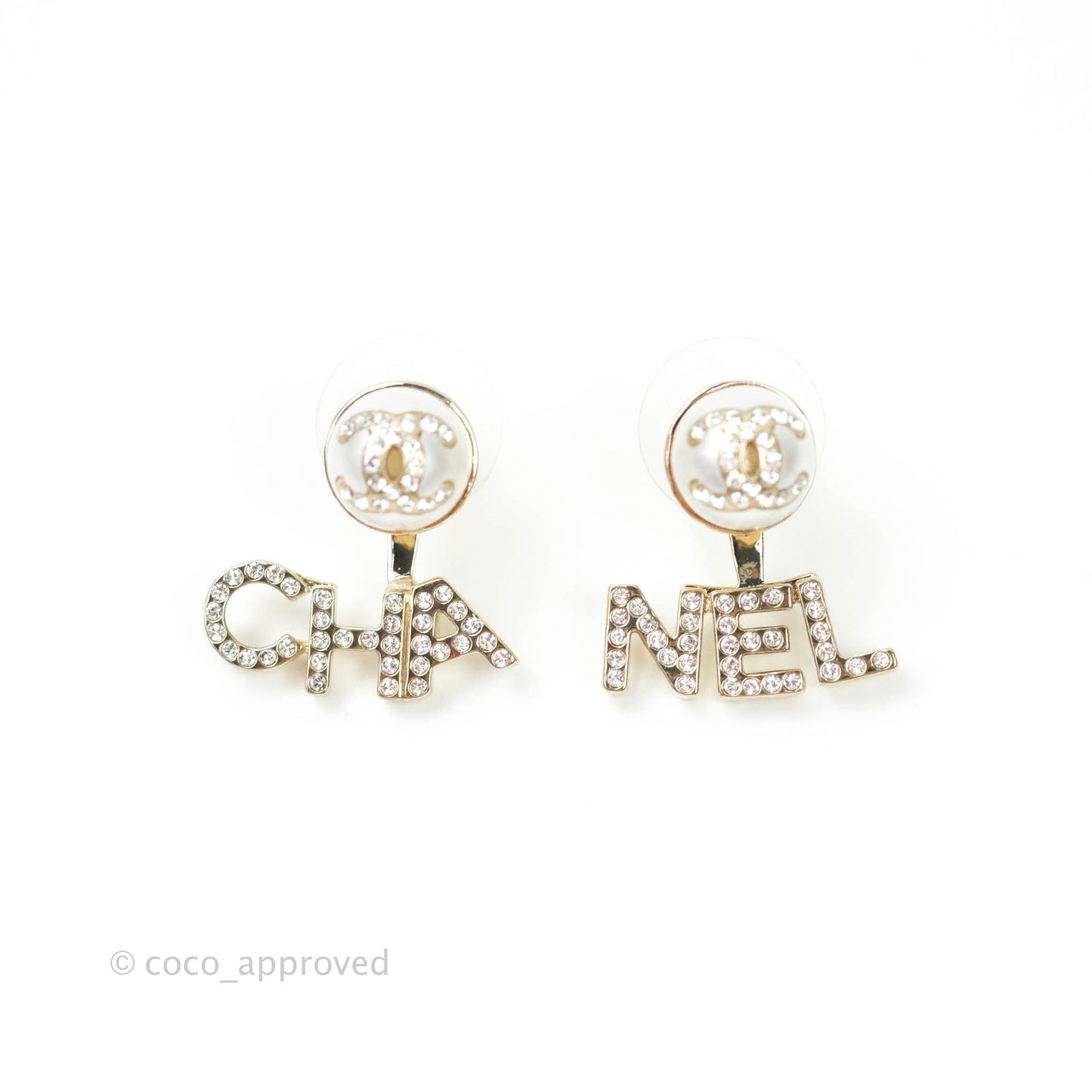 Chanel CC Pearl Rhinestone Earrings Gold Tone 21A