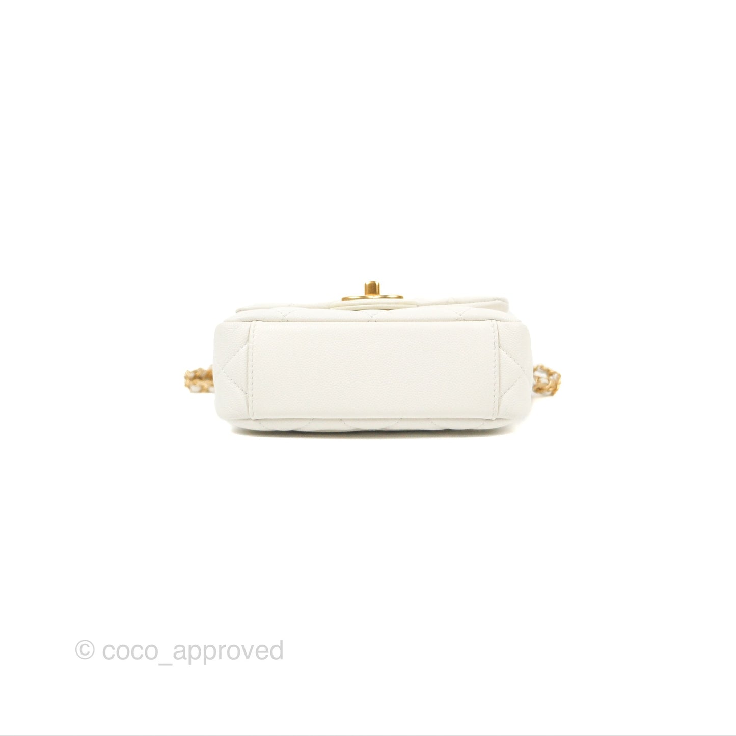 Chanel Mini Flap with Coin Charm White Caviar Aged Gold Hardware 22A