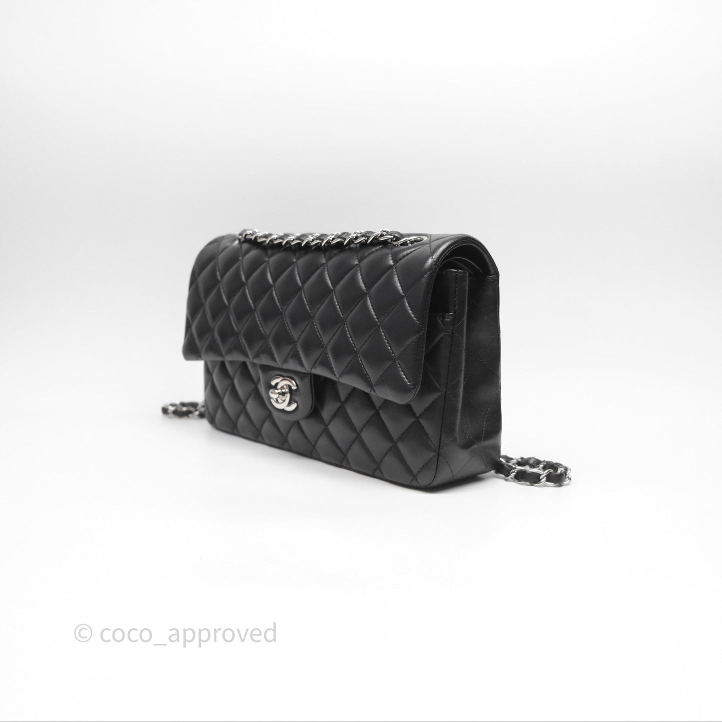 Chanel Classic M/L Medium Flap Quilted Black Lambskin Silver Hardware