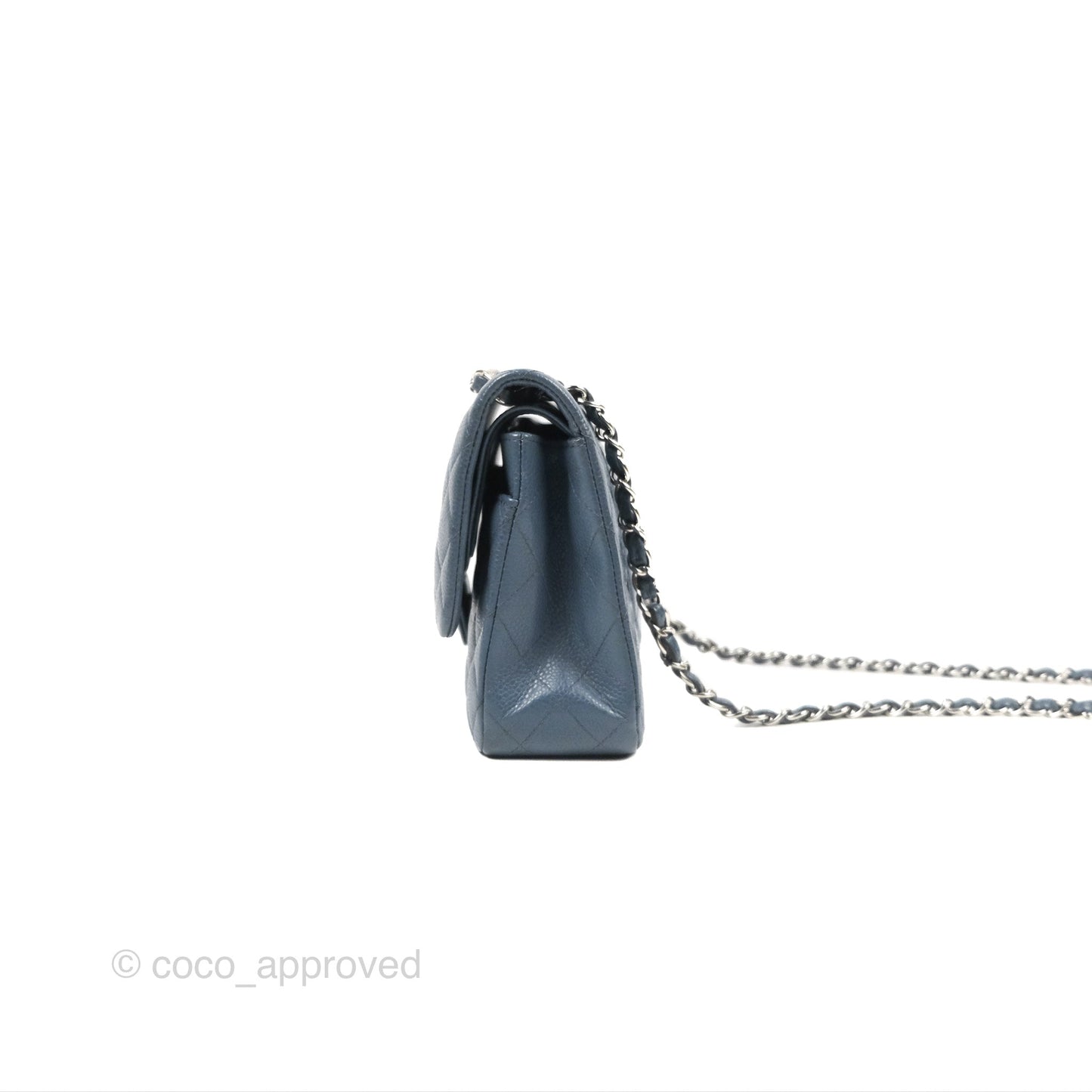 Chanel Classic Double Flap Quilted M/L Blue Caviar Silver Hardware