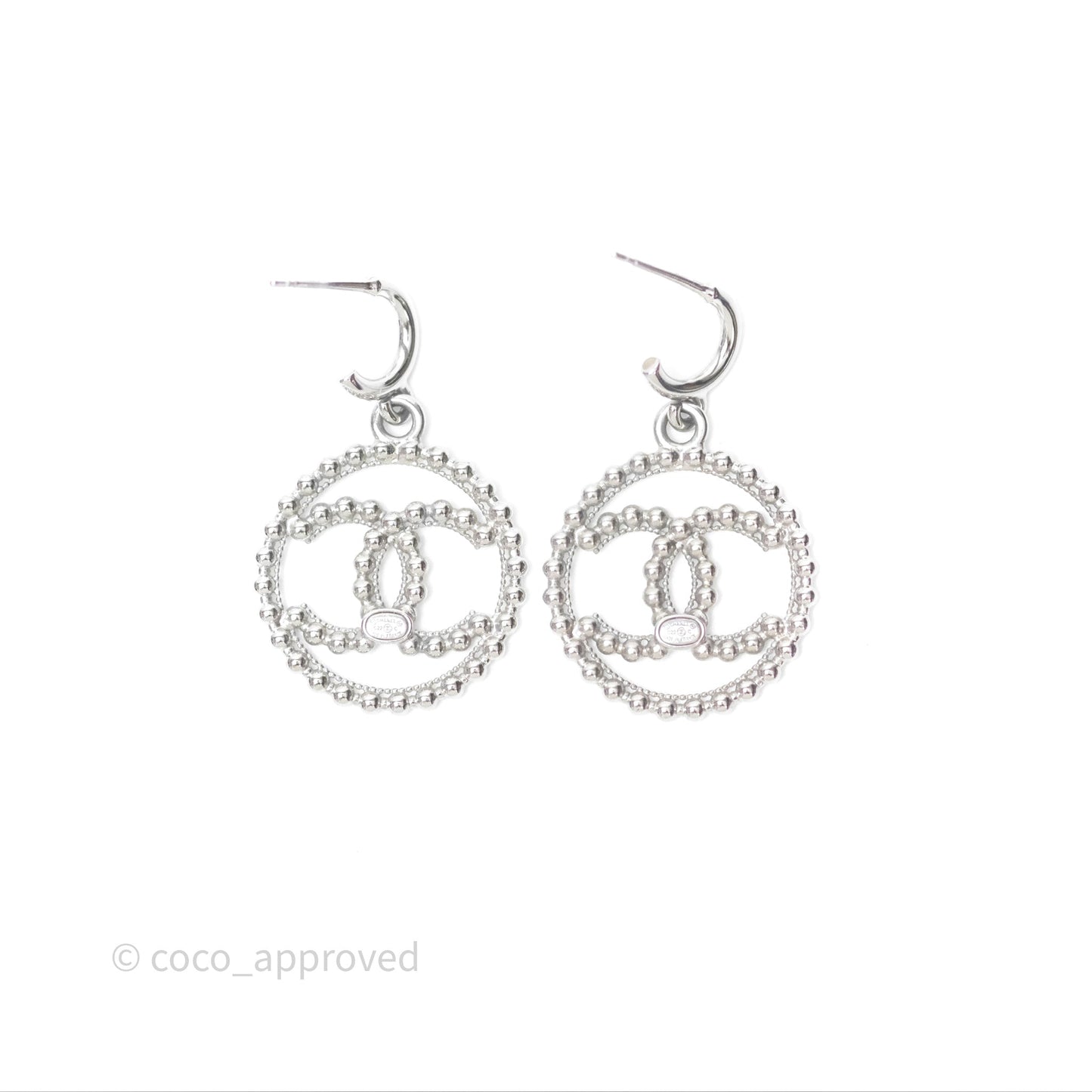 Chanel CC Drop Round Earrings Silver Tone 22C