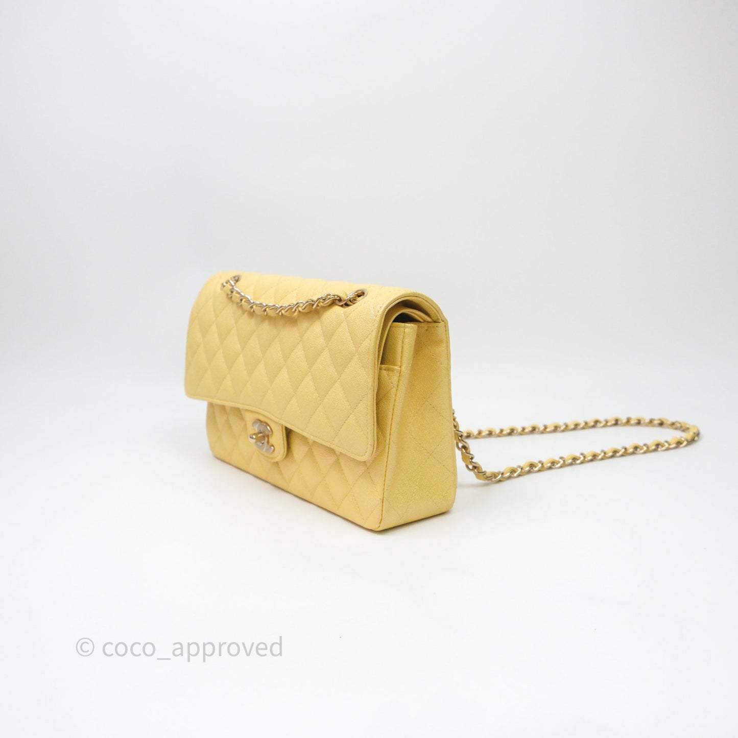 Chanel Classic M/L Medium Flap Quilted Iridescent Yellow Caviar Gold Hardware