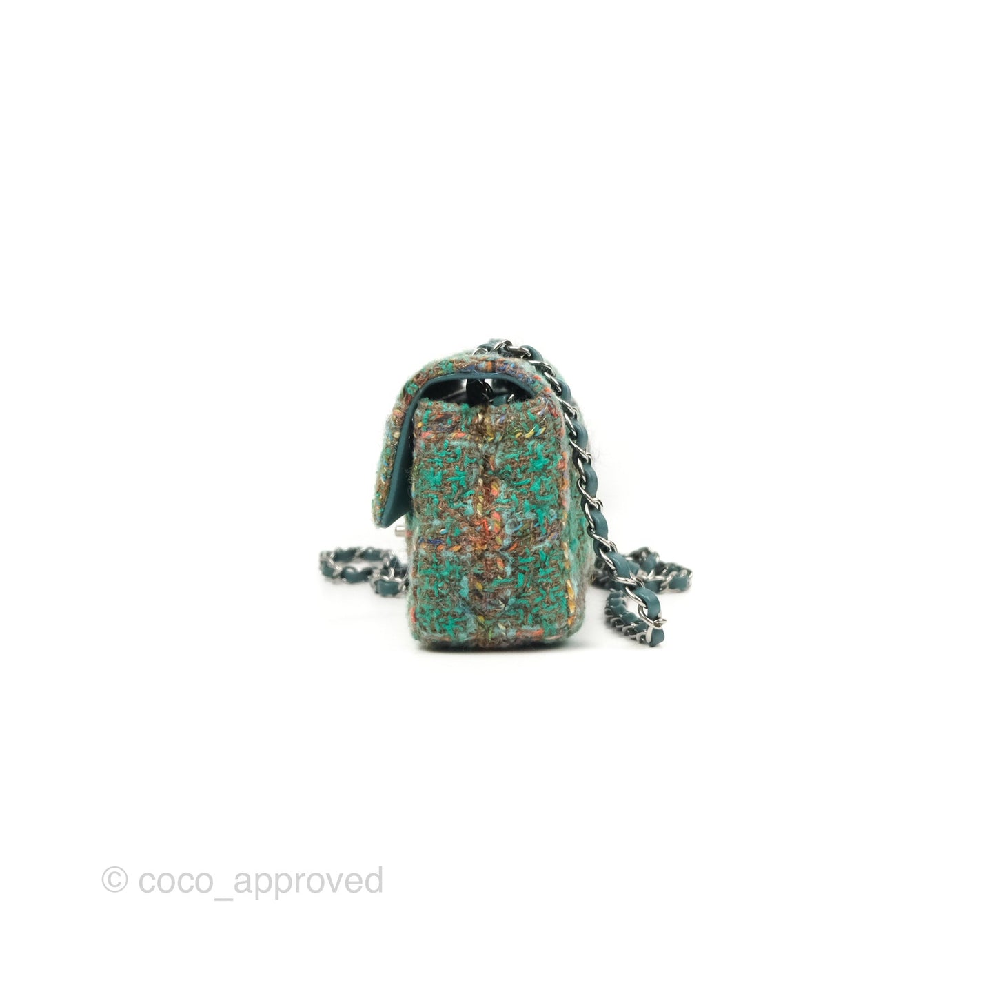 Chanel Mini Rectangular Flap Quilted Green Tweed Gun Metal 23A