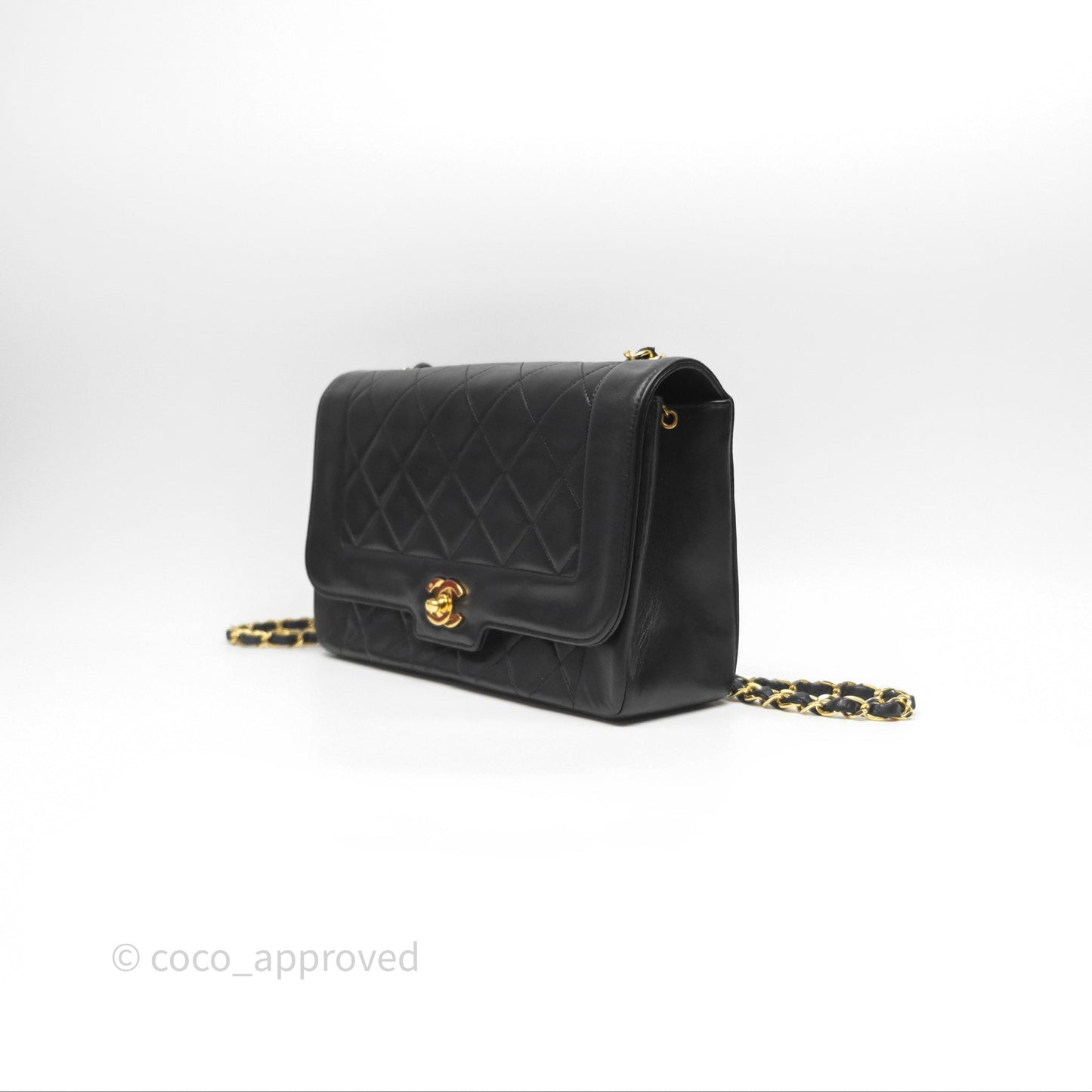 Chanel Vintage Medium Quilted Diana Flap Bag Black Lambskin 24K Gold Hardware