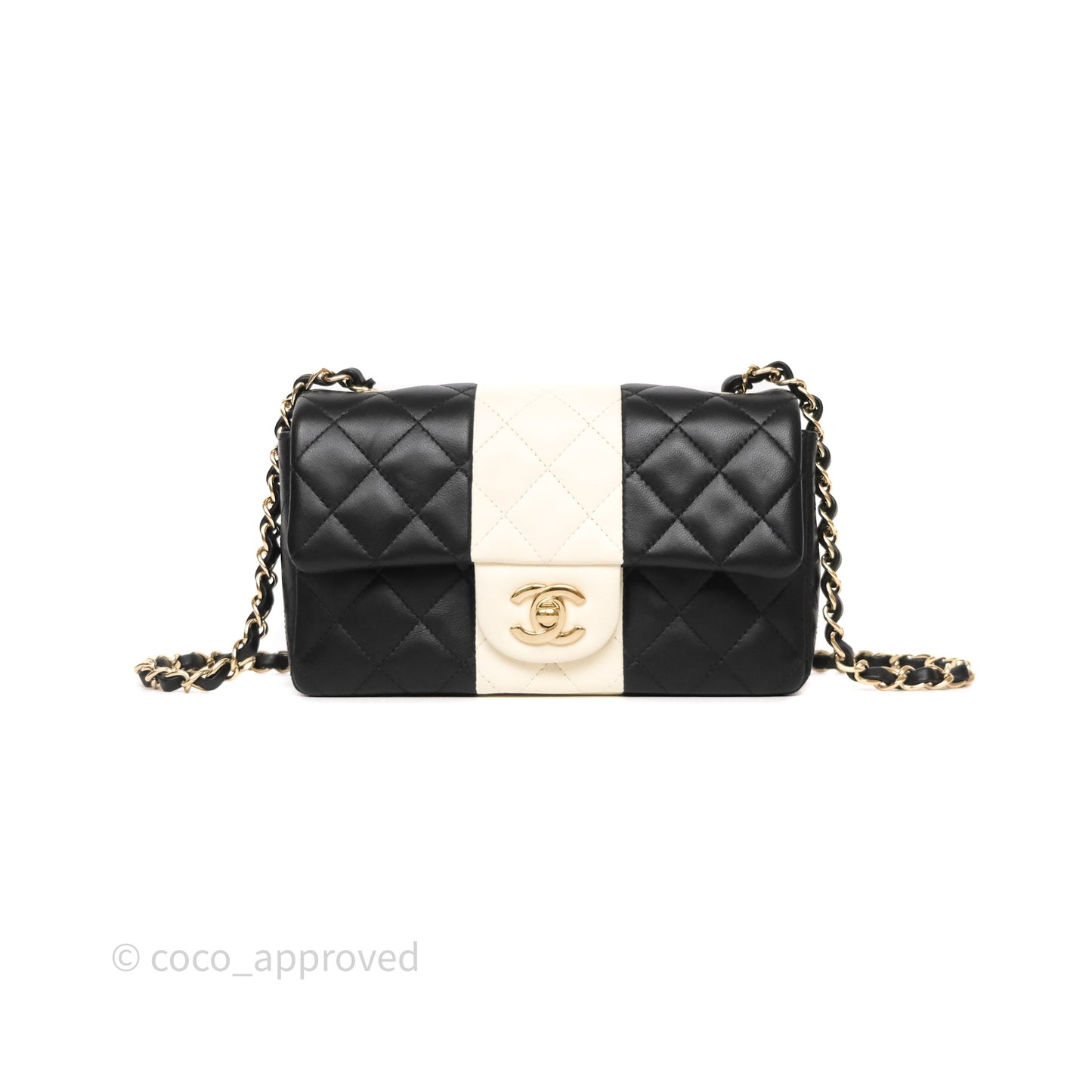 Chanel Mini Rectangular Flap Quilted Black White Lambskin Gold Hardware