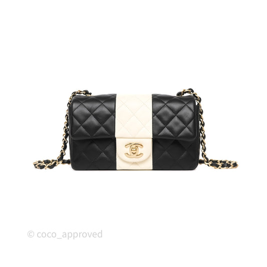 Chanel Mini Rectangular Flap Quilted Black White Lambskin Gold Hardware