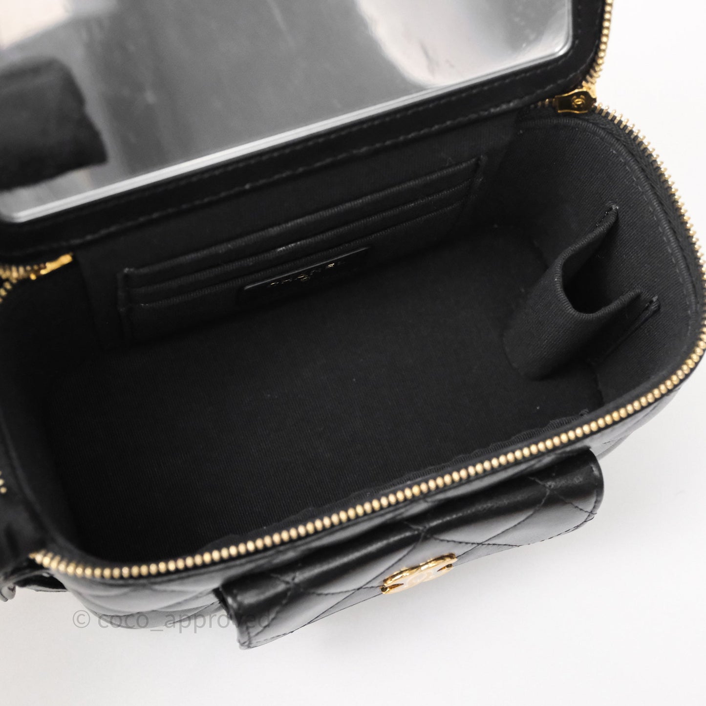 Chanel Quilted Top Handle Pocket Vanity Case Black Shiny Lambskin Bag Gold Hardware
