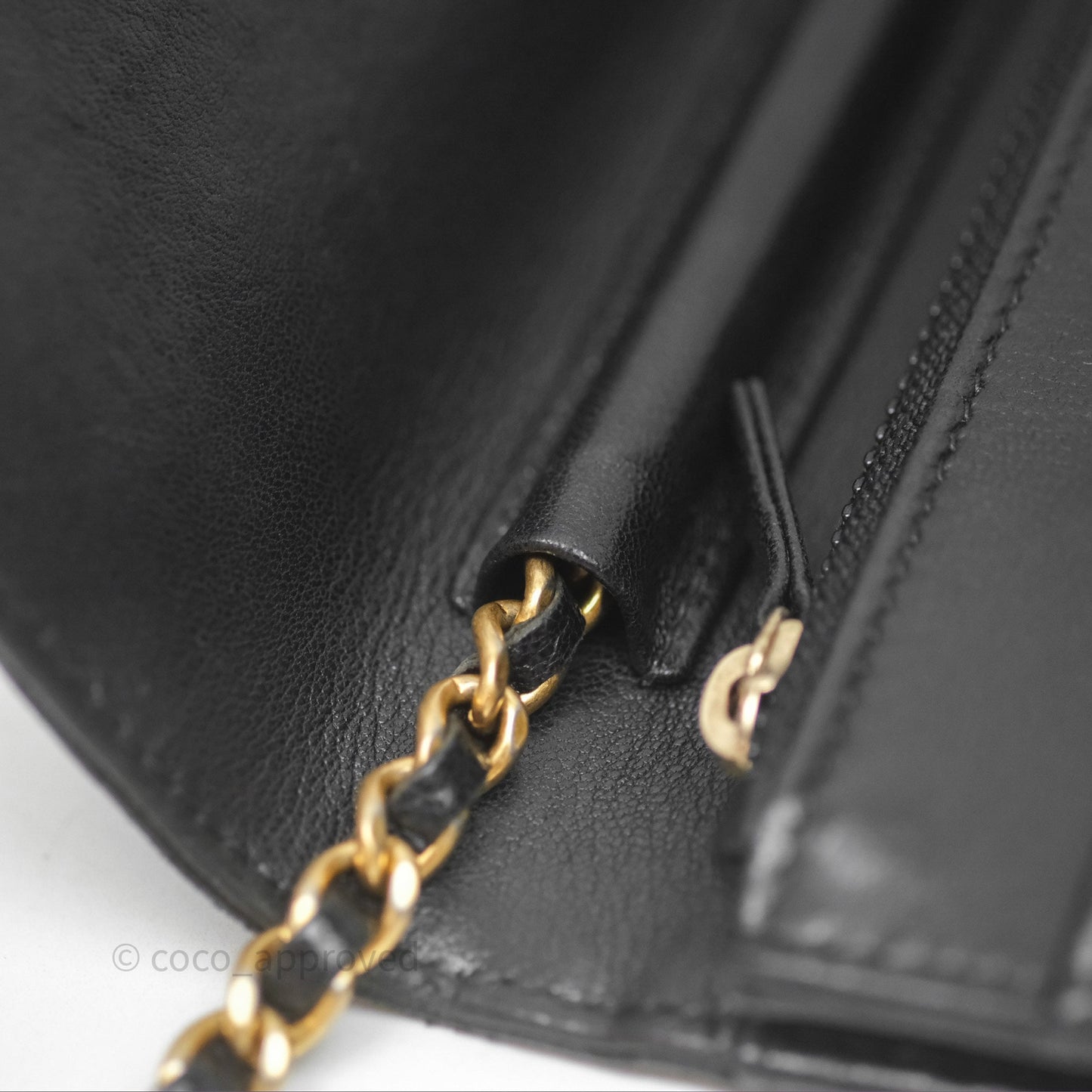 Chanel Reversed Chevron Wallet On Chain WOC Black Lambskin Aged Gold Hardware