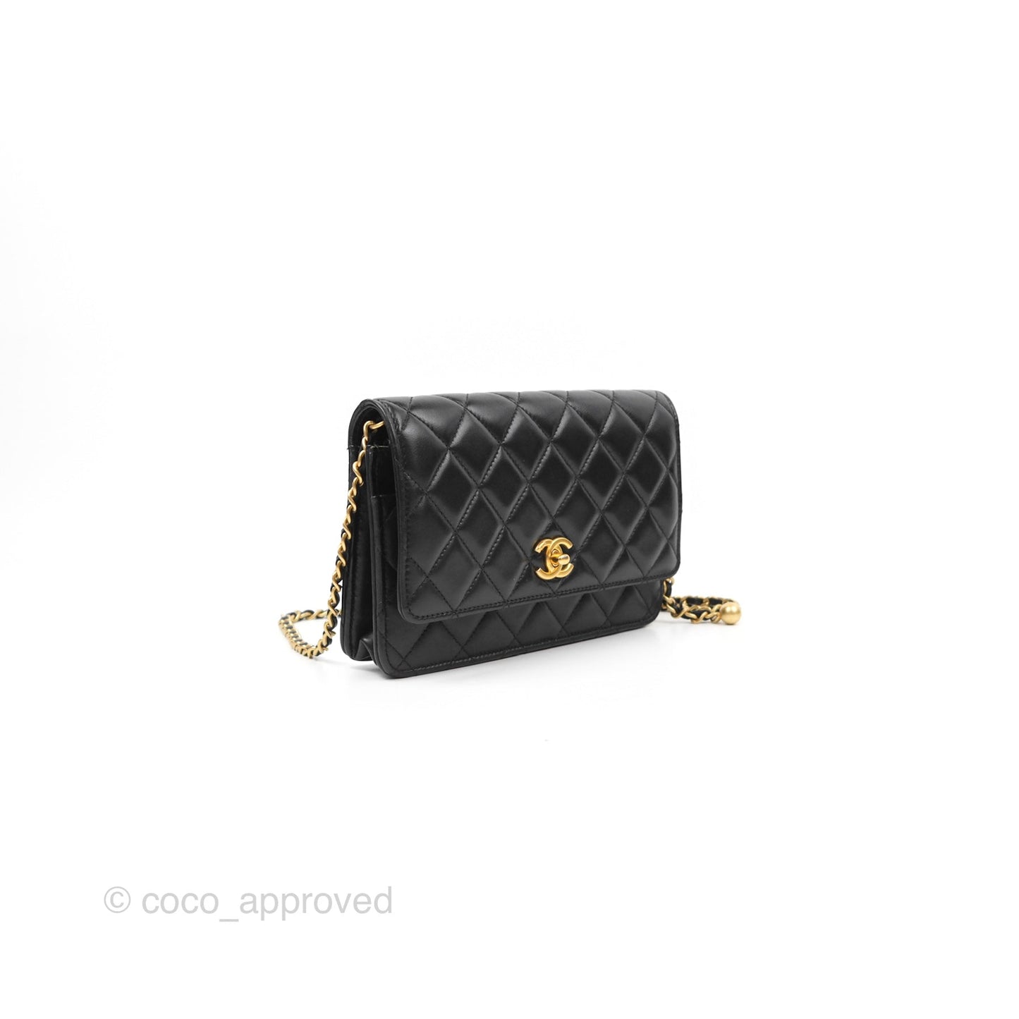 Chanel Quilted Pearl Crush Wallet on Chain WOC Black Lambskin Aged Gold Hardware