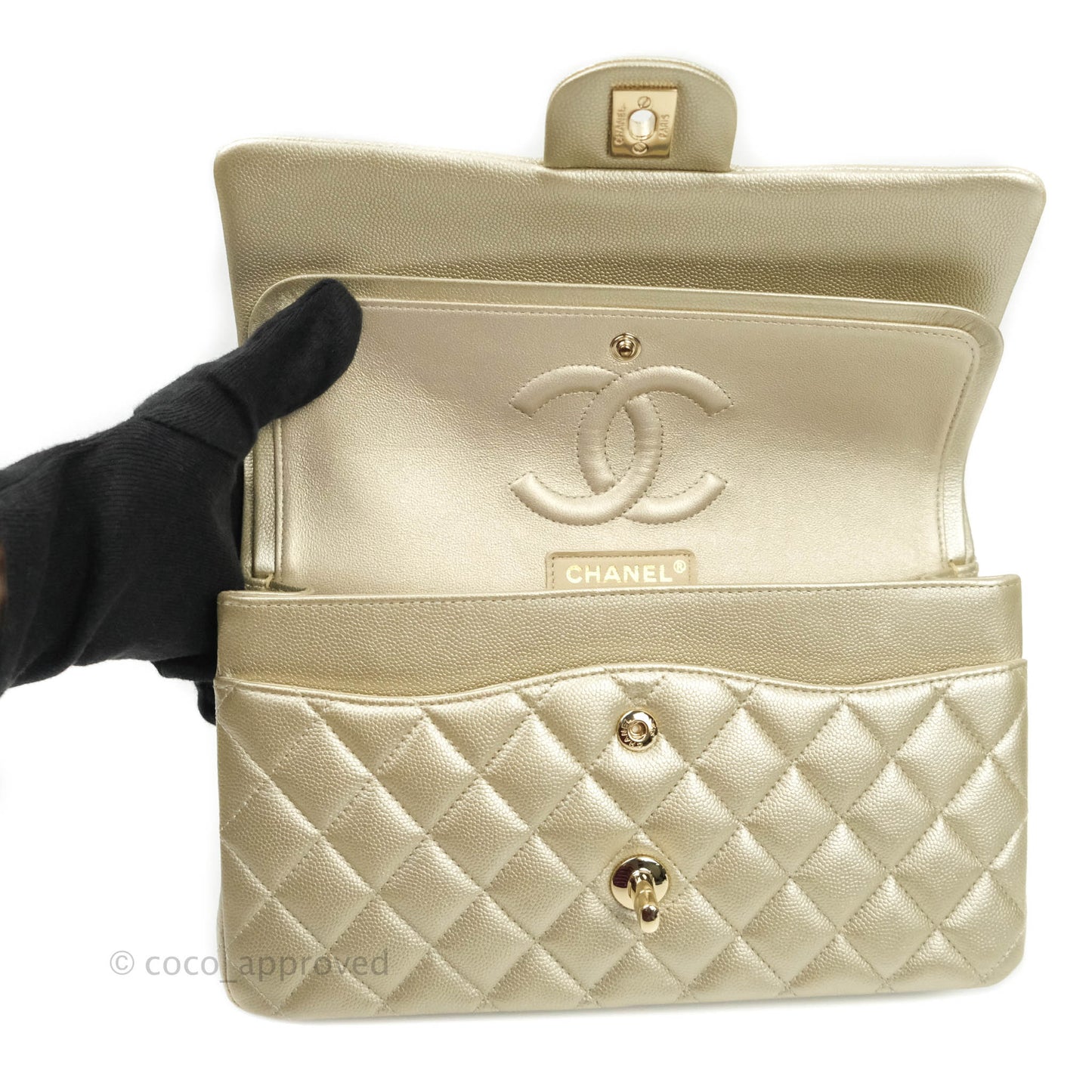 Chanel Classic M/L Medium Double Flap Bag Light Gold Caviar Gold Hardware