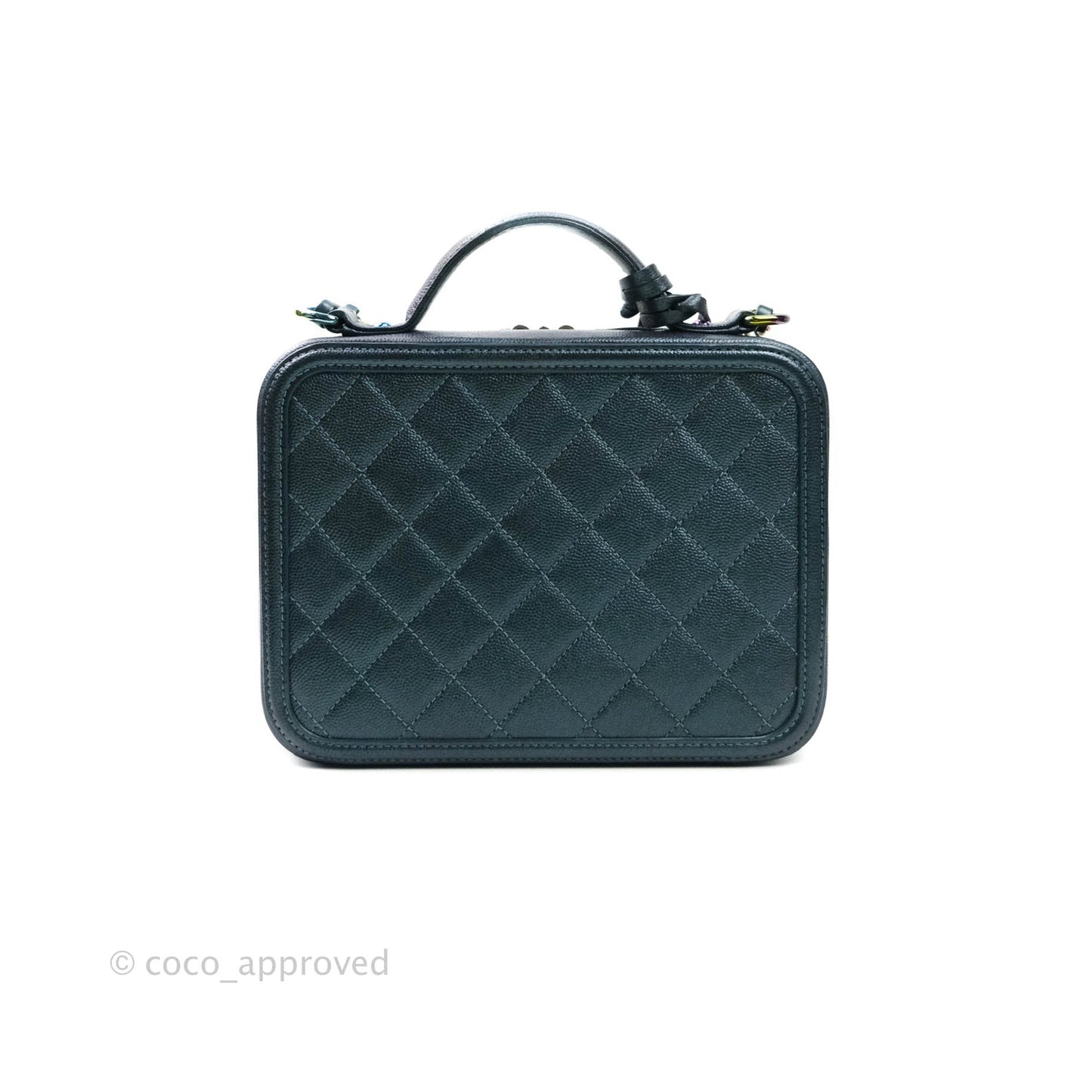 Chanel Quilted Medium CC Filigree Vanity Case Iridescent Dark Turquoise Caviar Rainbow Hardware