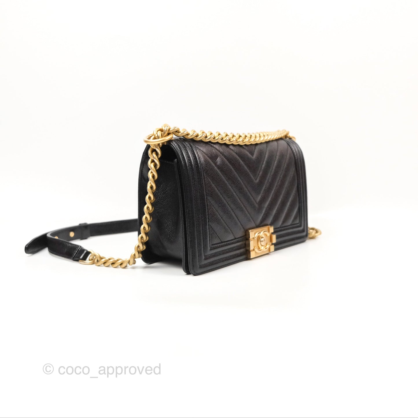 Chanel Chevron Medium Boy Black Caviar Aged Gold Hardware