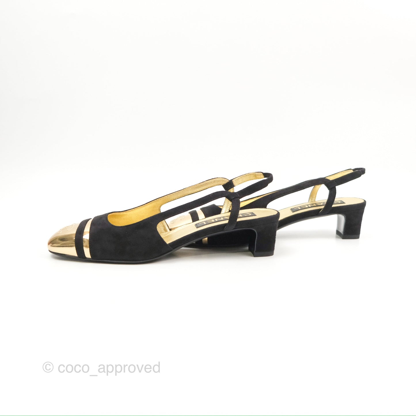 Chanel CC Slingback Heels Black Gold Size 37