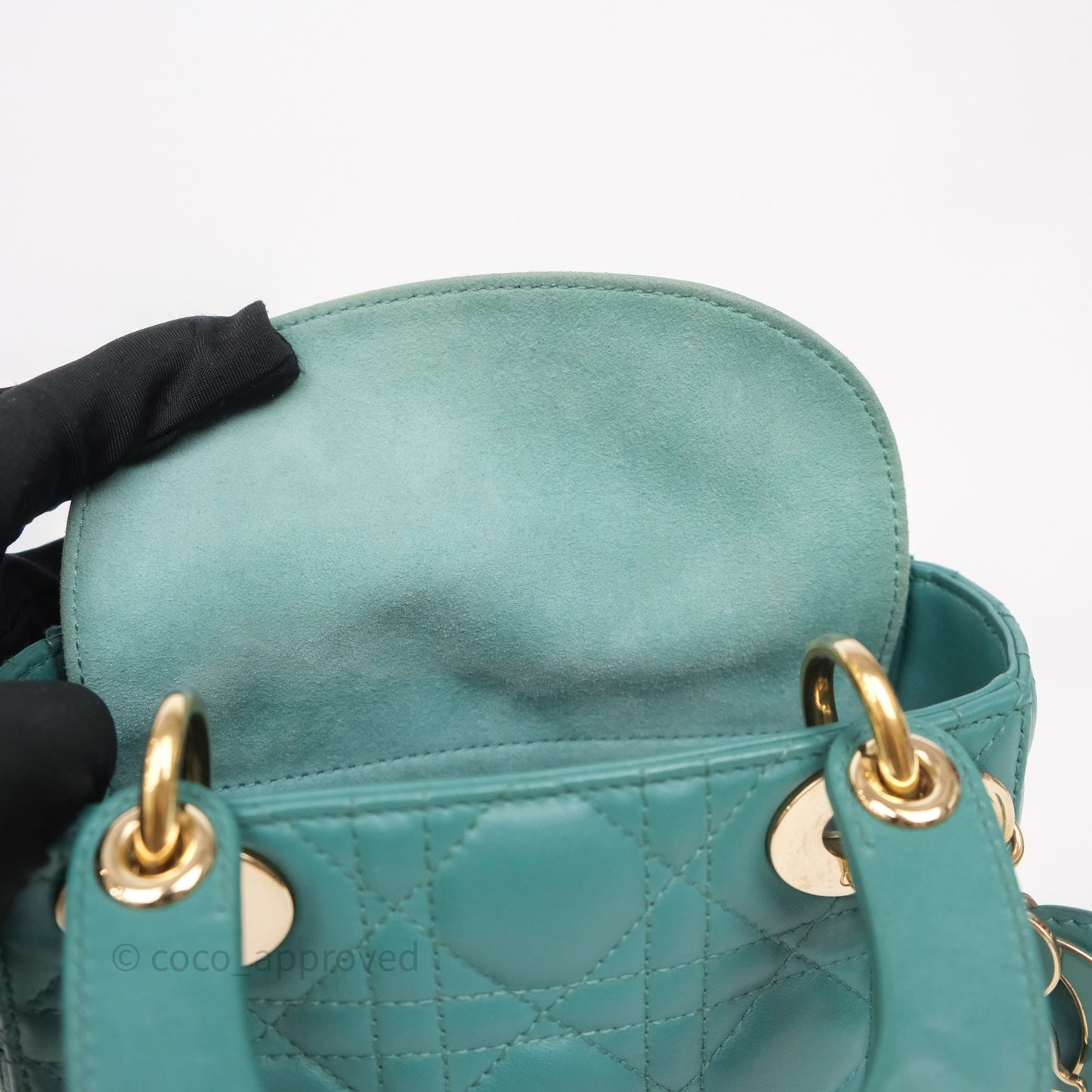 Christian Dior Mini Lady Dior Cannage Green Lambskin Gold Hardware