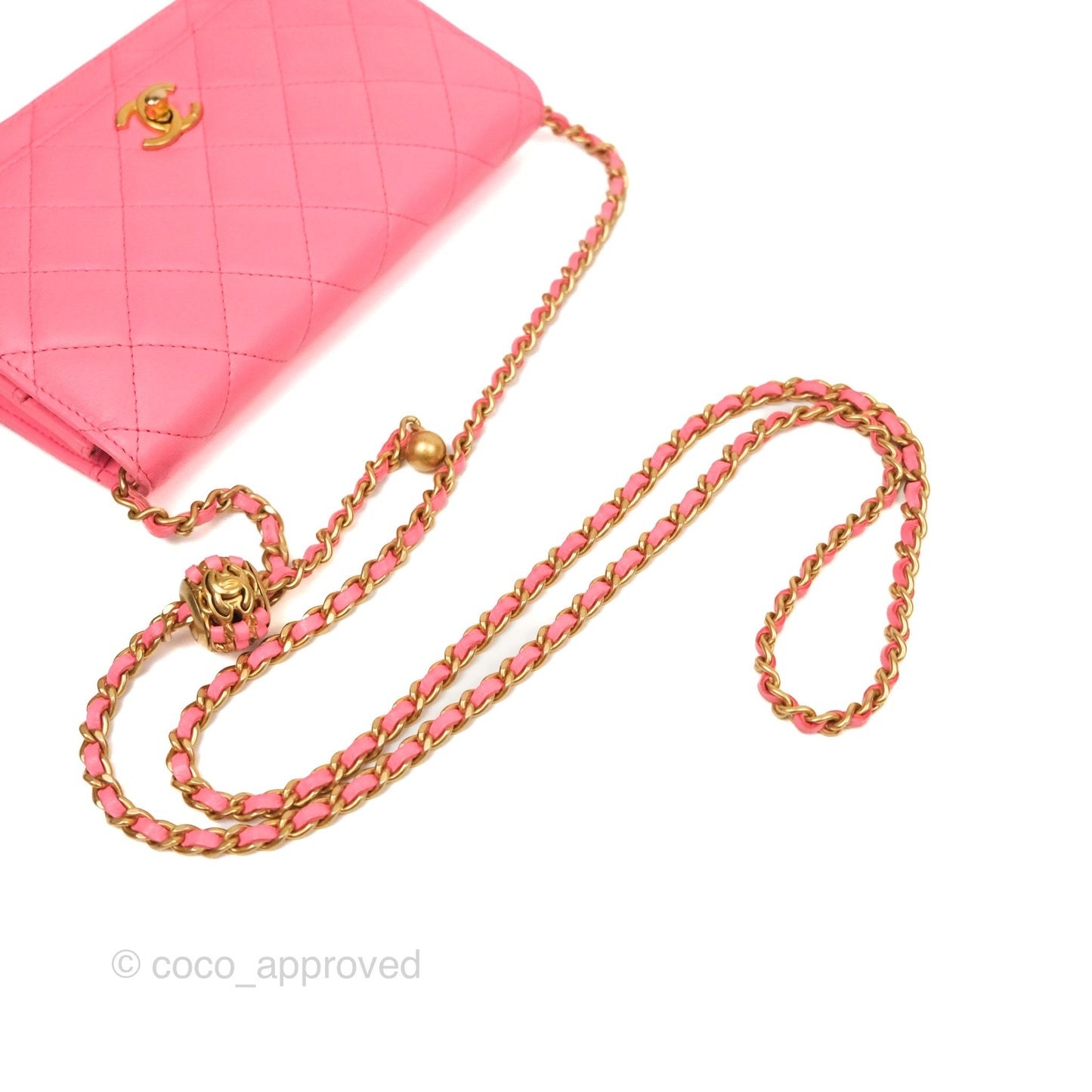 Chanel Quilted Pearl Crush Wallet on Chain WOC Pink Lambskin Aged Gold Hardware