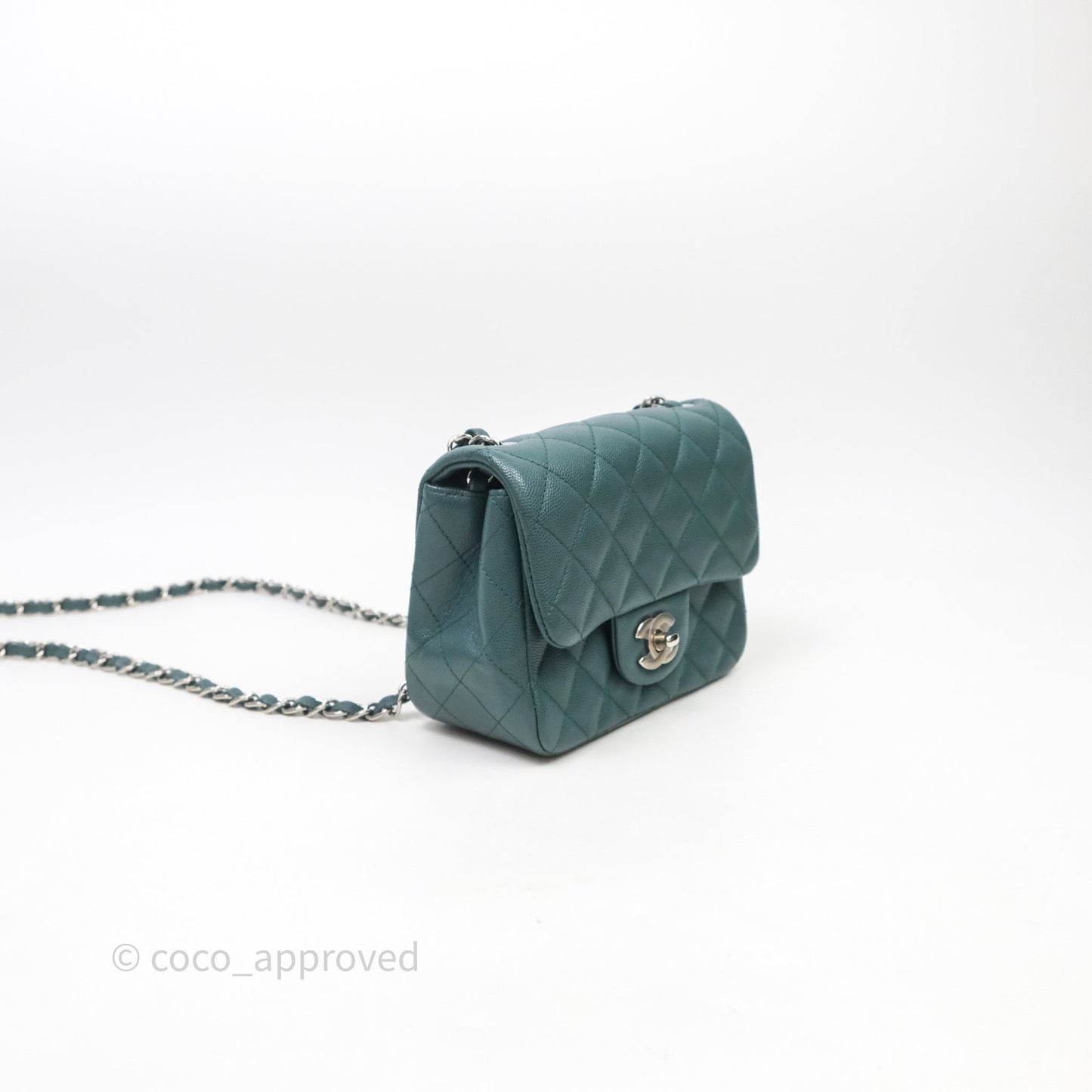 Chanel Quilted Mini Square Flap Dark Green Caviar Silver Hardware