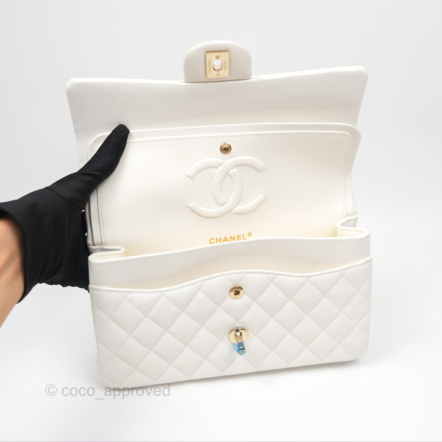 Chanel Classic M/L Medium Flap Quilted White Caviar Gold Hardware