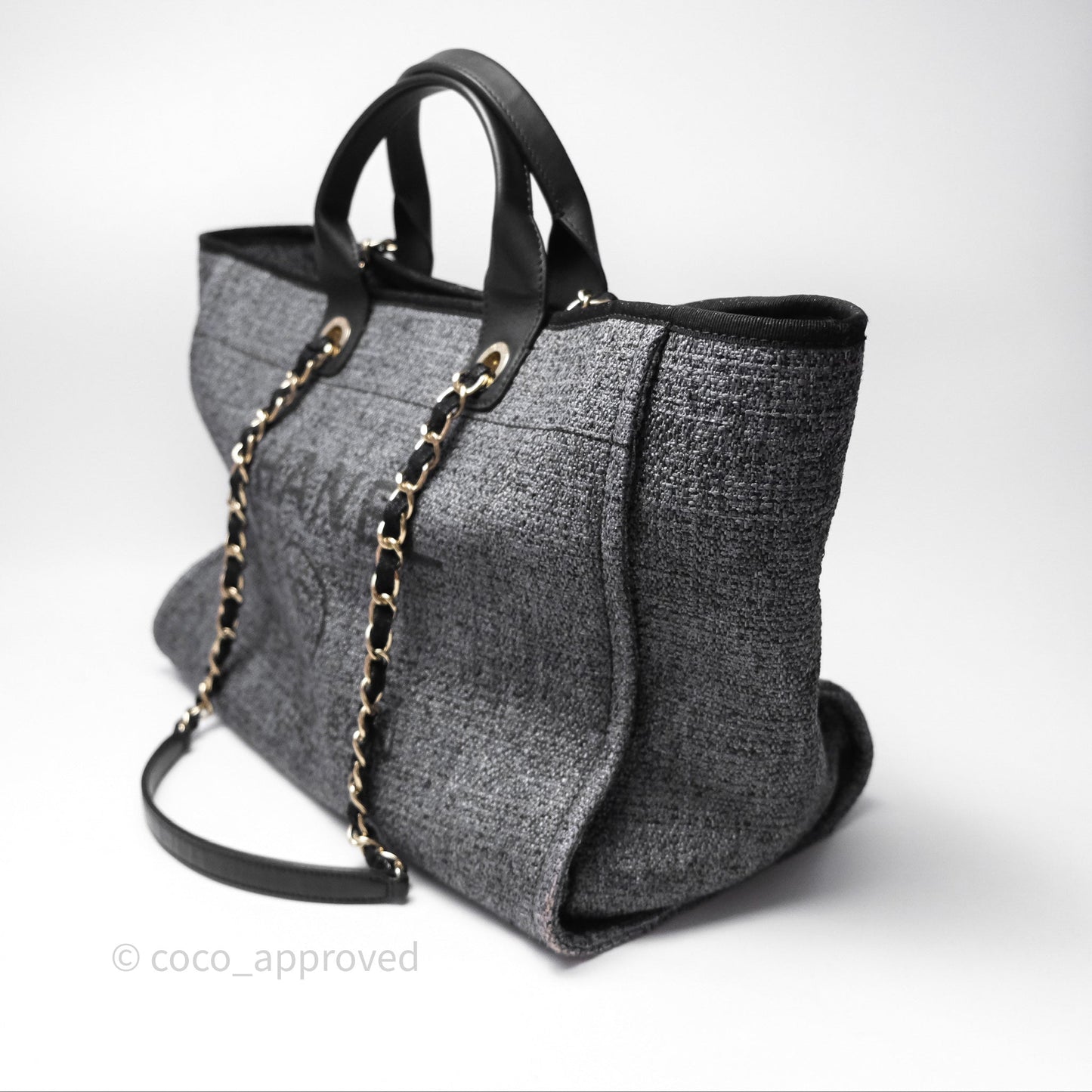 Chanel Large Deauville Glitter Black Grey Raffia Gold Hardware