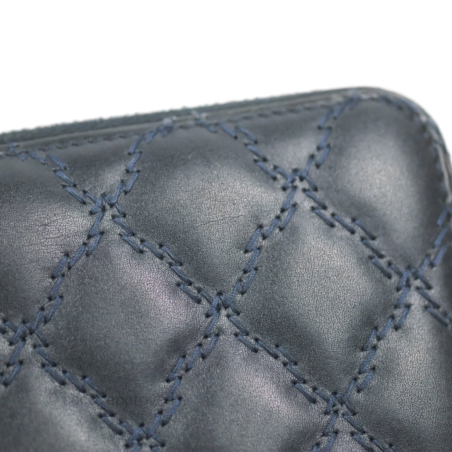Chanel Quilted Zip Long Wallet Navy Lambskin Silver Hardware