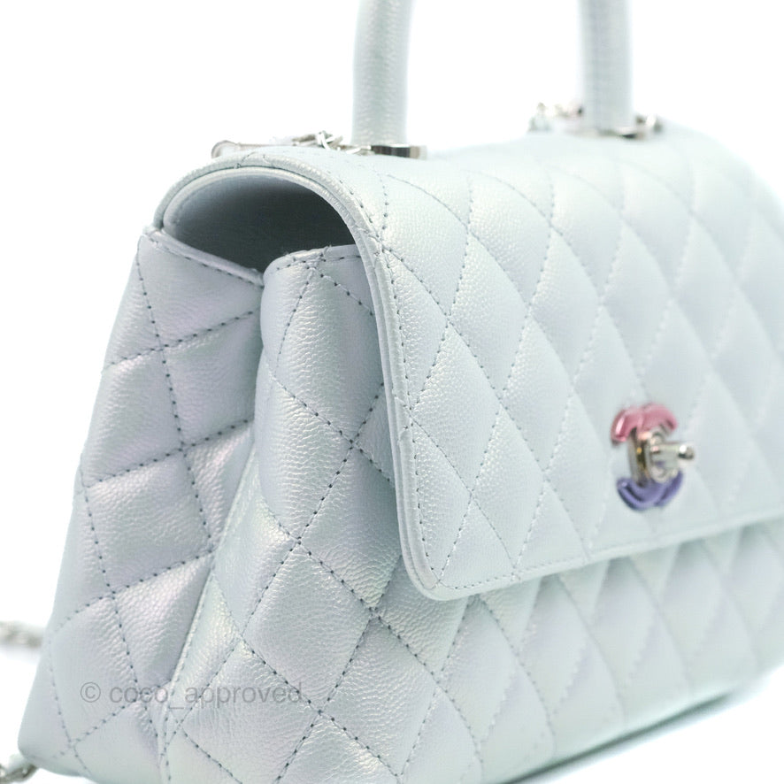 Chanel Small Coco Handle Quilted Iridescent Light Blue Caviar Rainbow Hardware