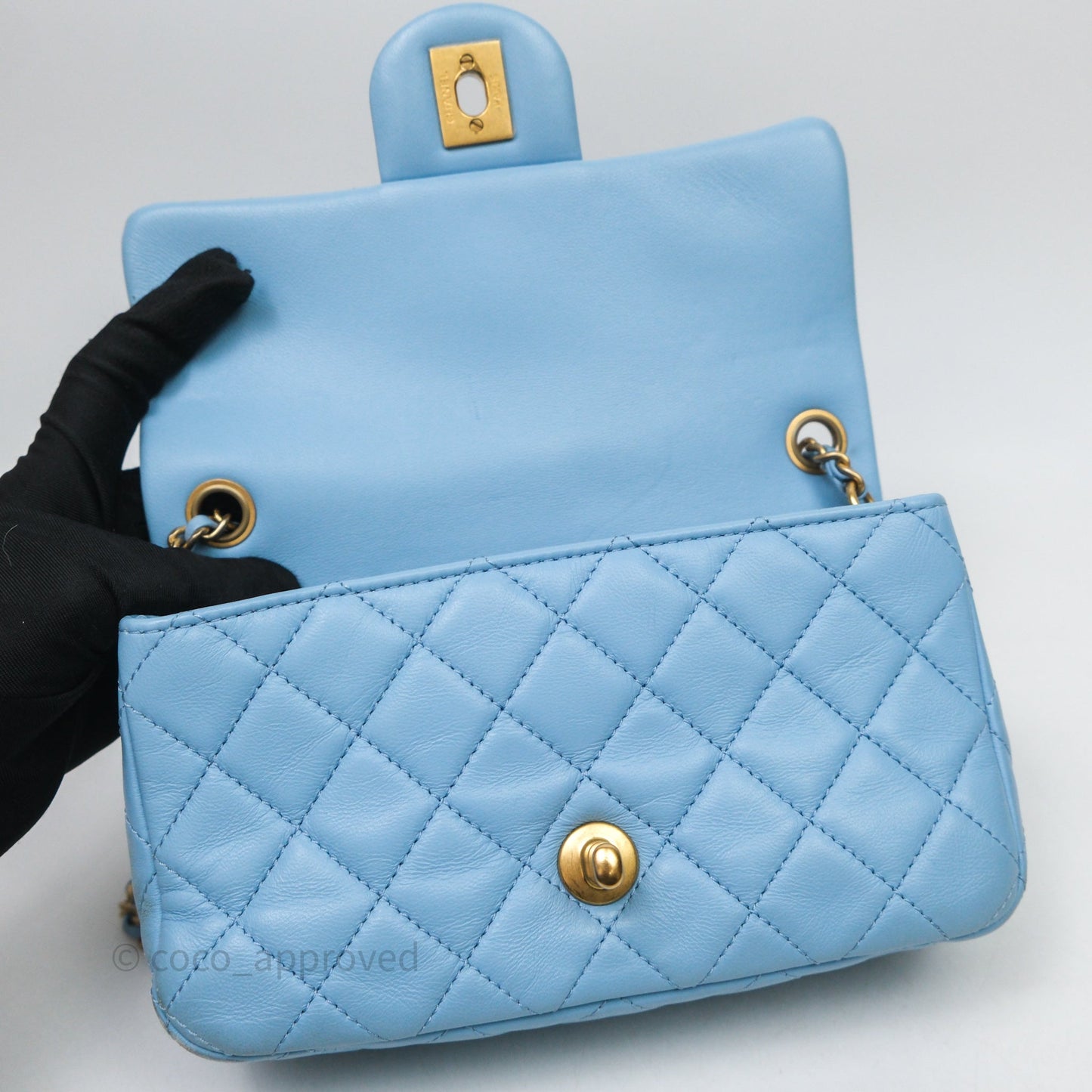Chanel Mini Rectangular Pearl Crush Quilted Blue Lambskin Aged Gold Hardware