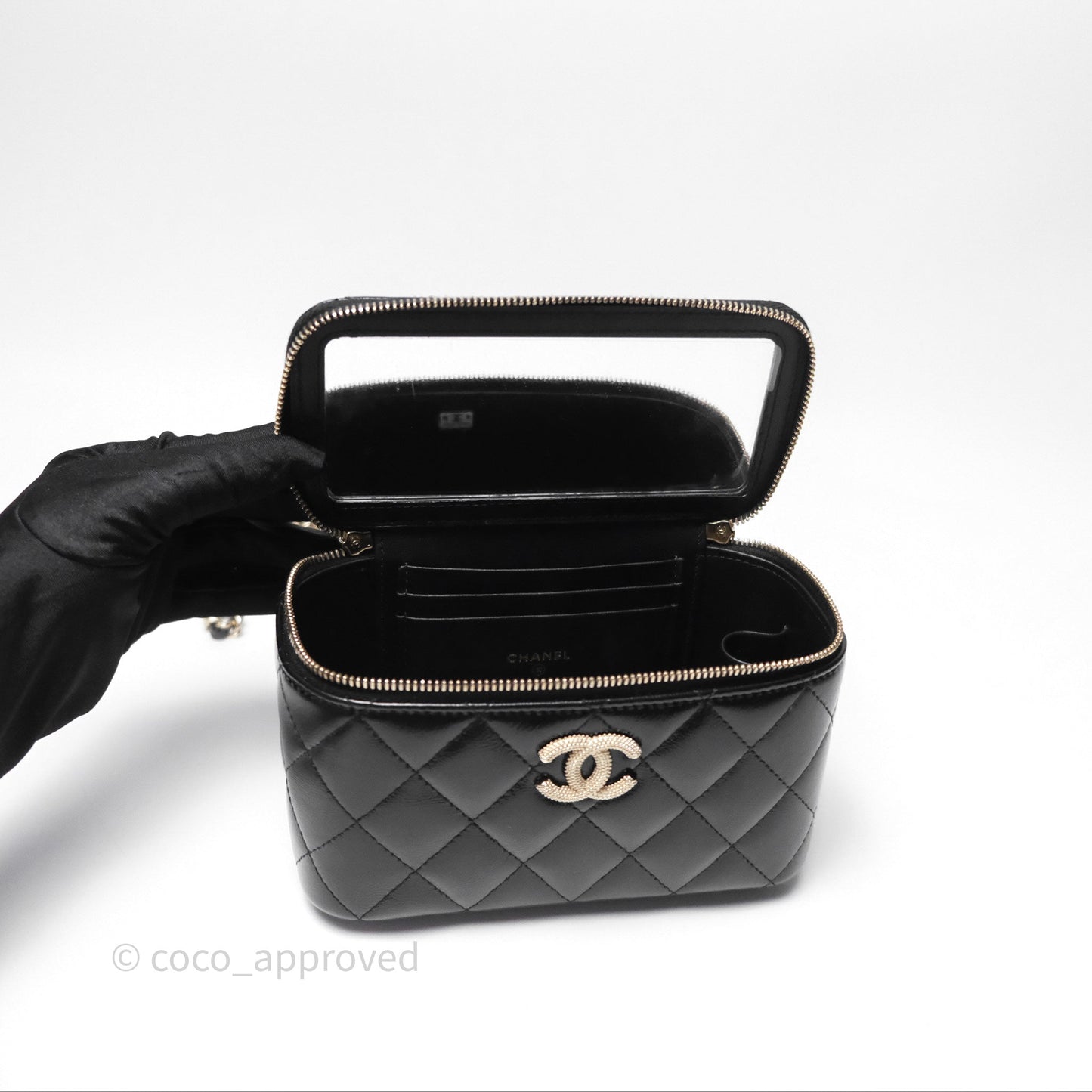 Chanel Vanity Rectangular Top Handle Black Shiny Lambskin Gold Hardware 24P