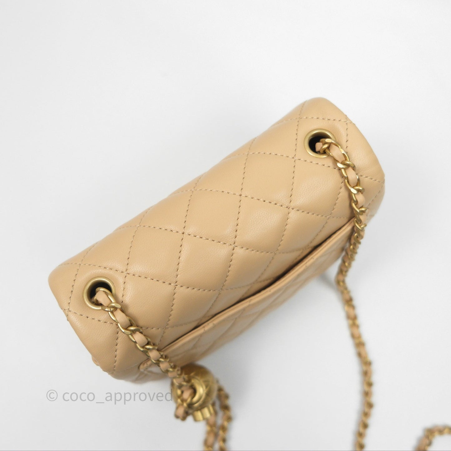 Chanel Pearl Crush Mini Square Quilted Beige Lambskin Aged Gold Hardware