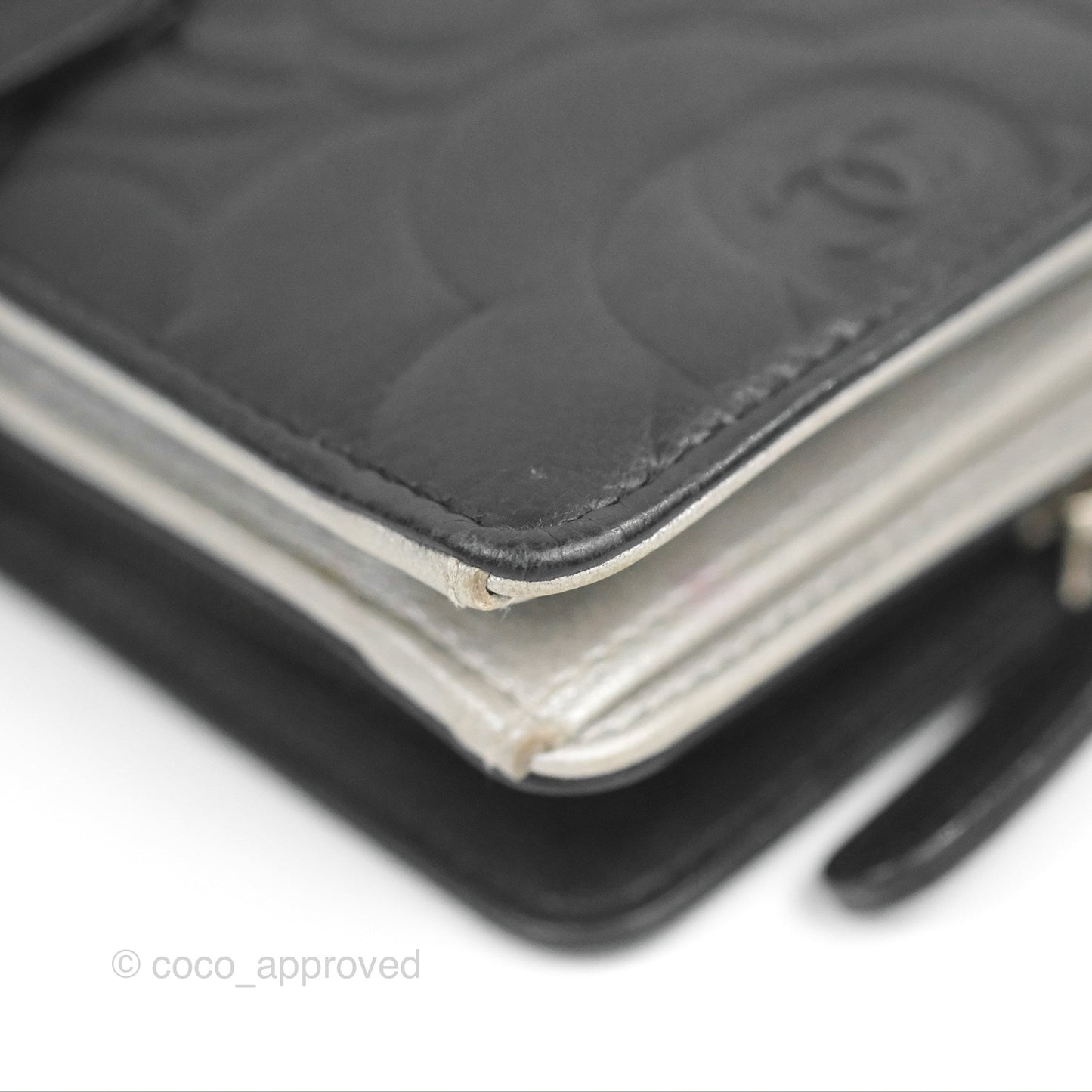 Chanel Wallet Black Camellia Embossed Lambskin Silver Hardware