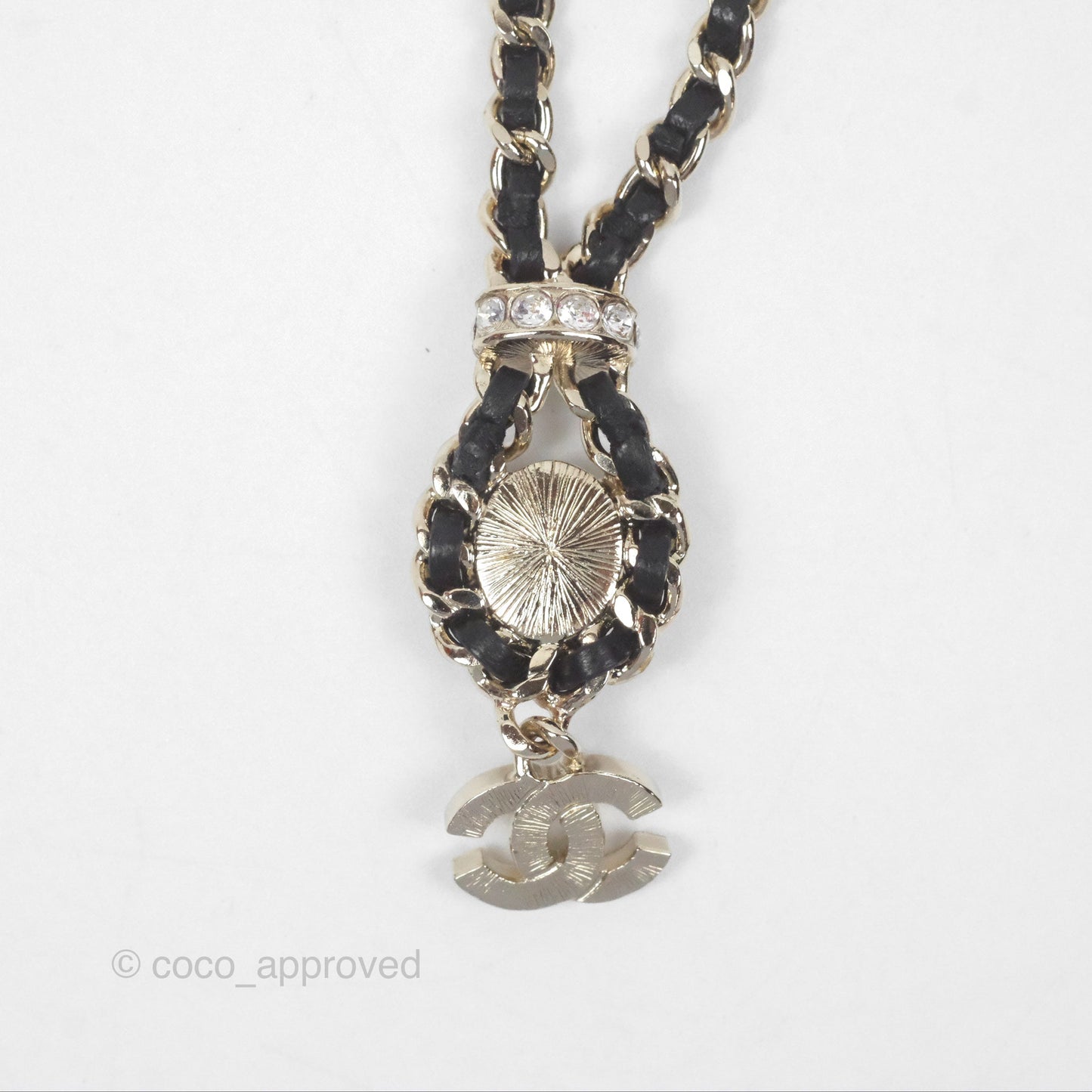 Chanel Crystal CC Pearl Braided Black Leather Drop Necklace Gold Tone 21B