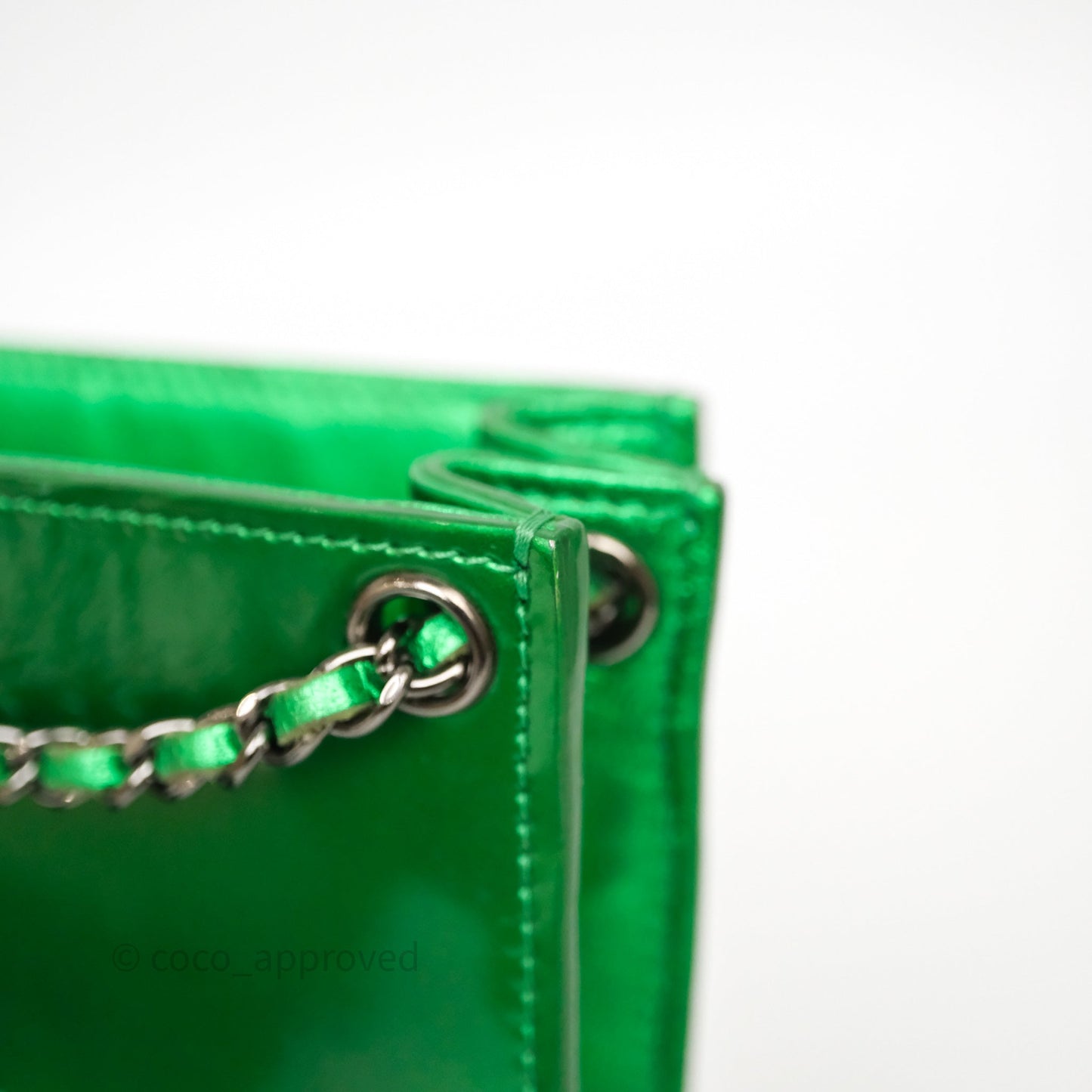 Chanel CC Phone Holder Metallic Green Patent Gun Metal Hardware