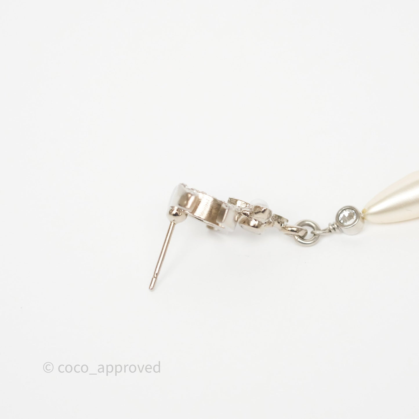 Chanel Crystals CC Tear Pearl Drop Earrings Silver Tone 22P